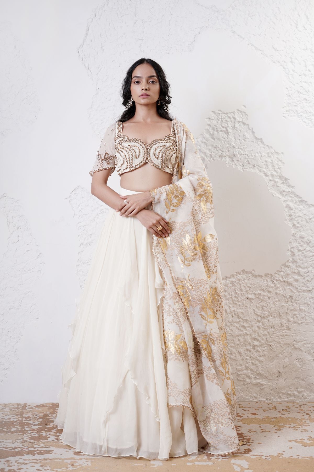 Ruffled Lehenga with Embroidered Blouse and Foil Dupatta
