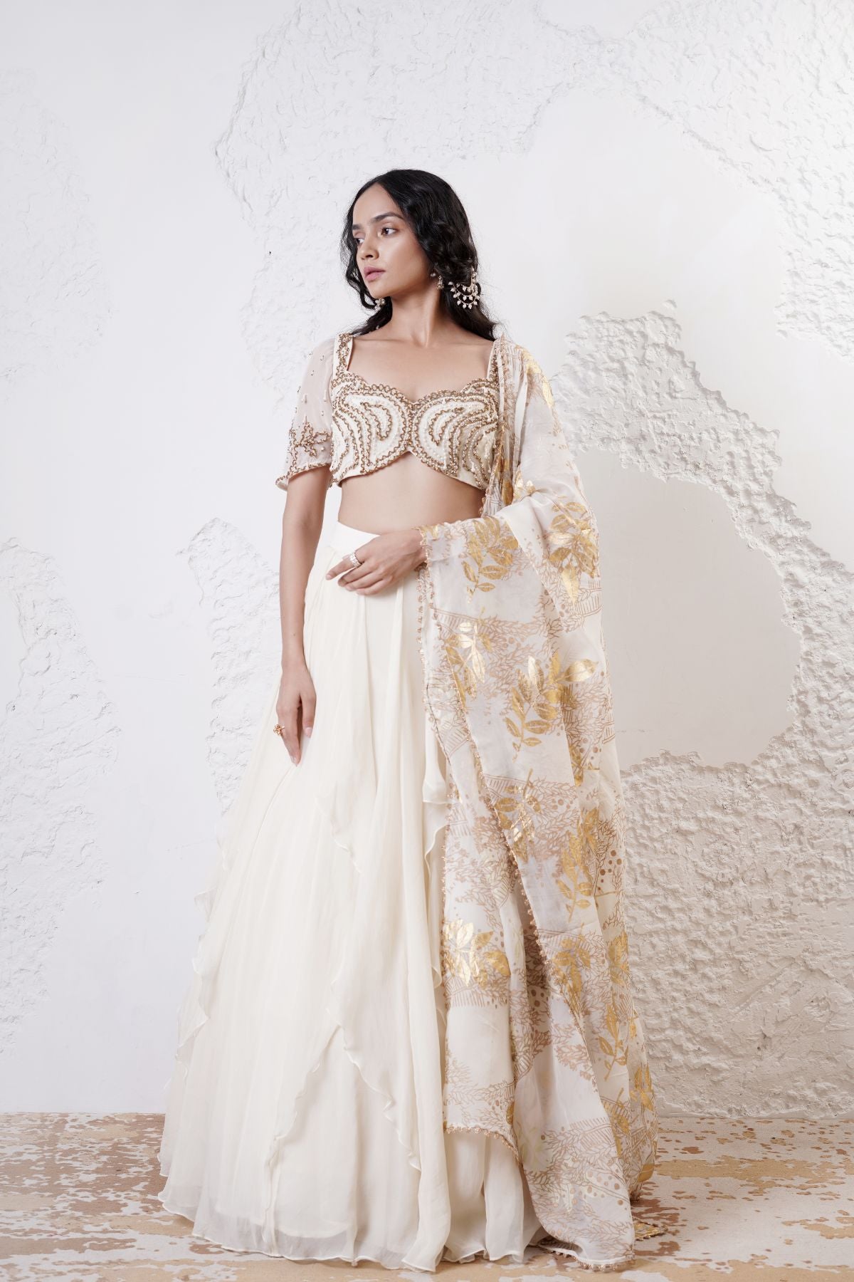Ruffled Lehenga with Embroidered Blouse and Foil Dupatta