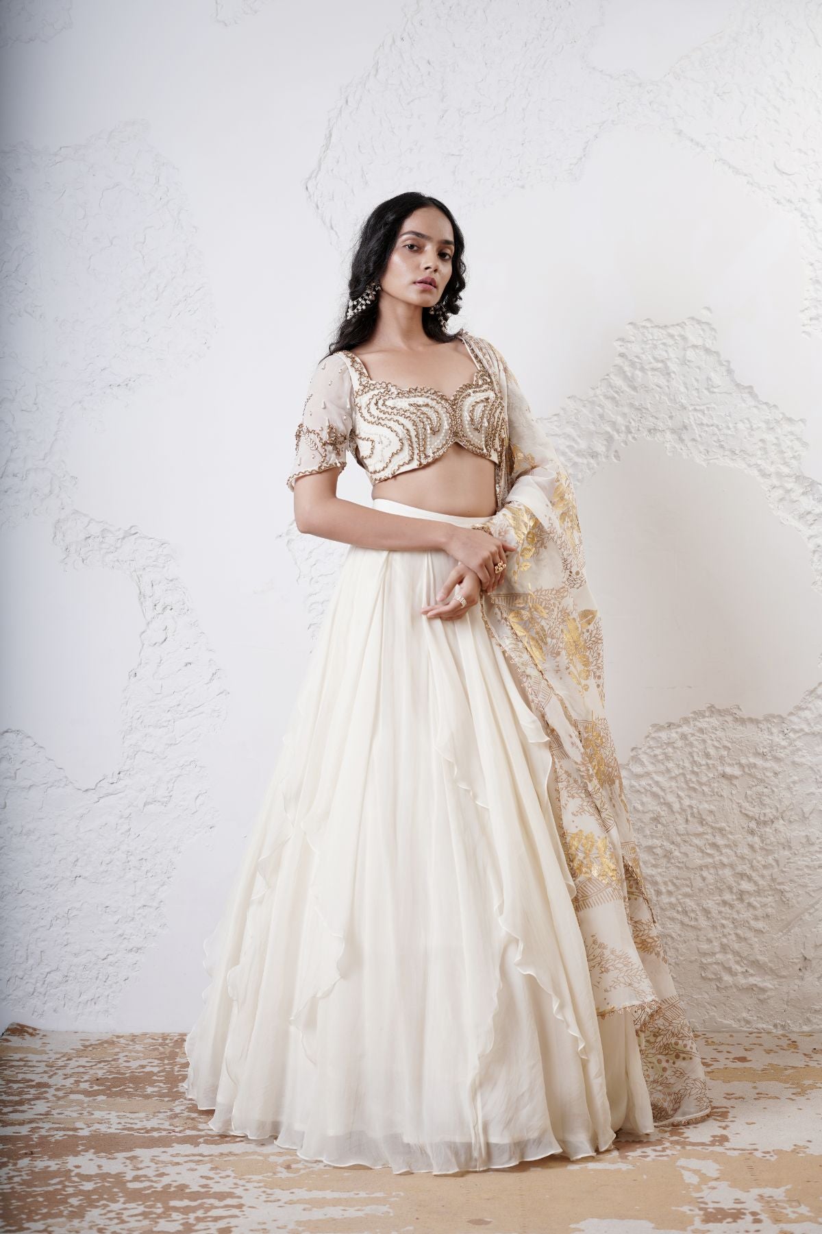 Ruffled Lehenga with Embroidered Blouse and Foil Dupatta