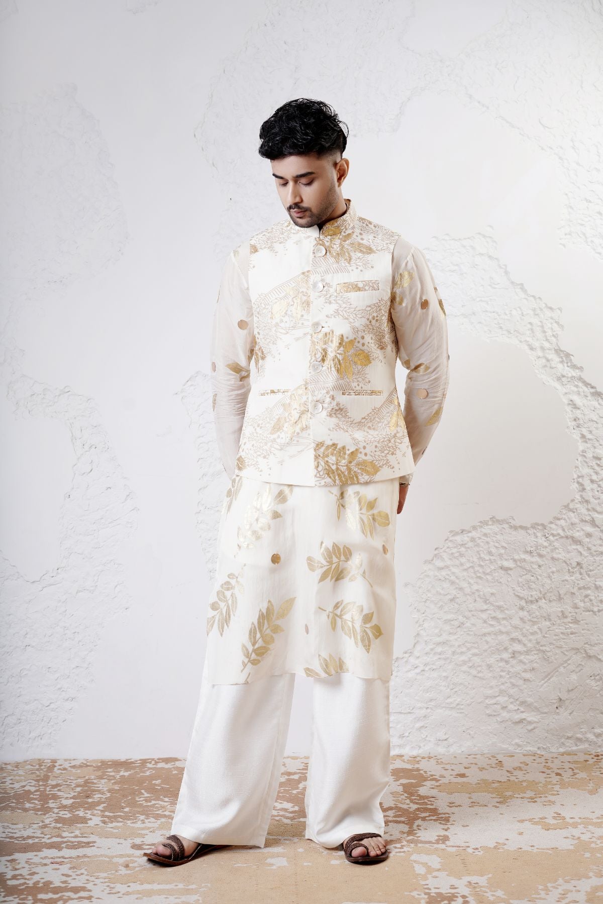 Foil Nehru Jacket with Leaf Kurta and Straight Pants