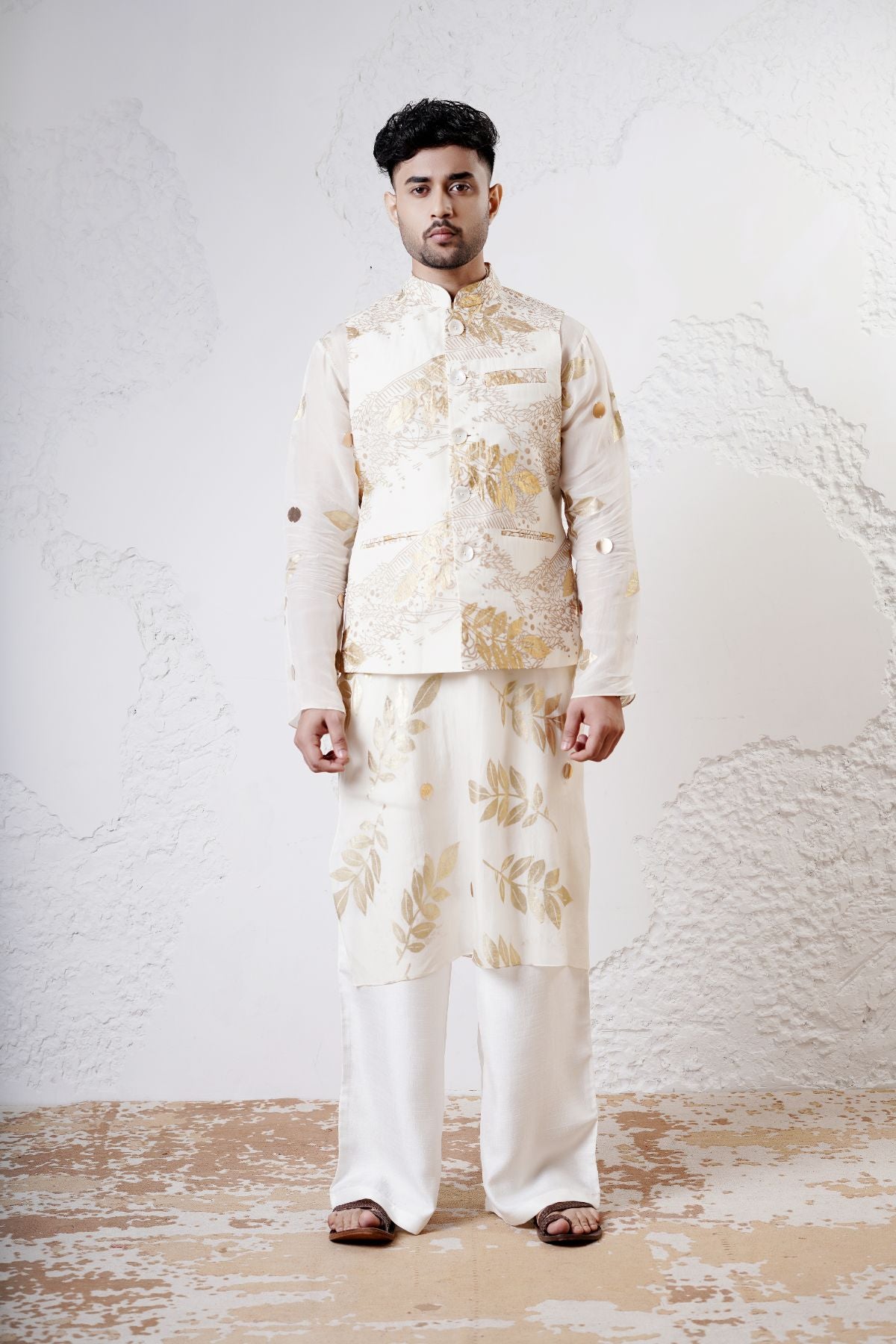 Foil Nehru Jacket with Leaf Kurta and Straight Pants