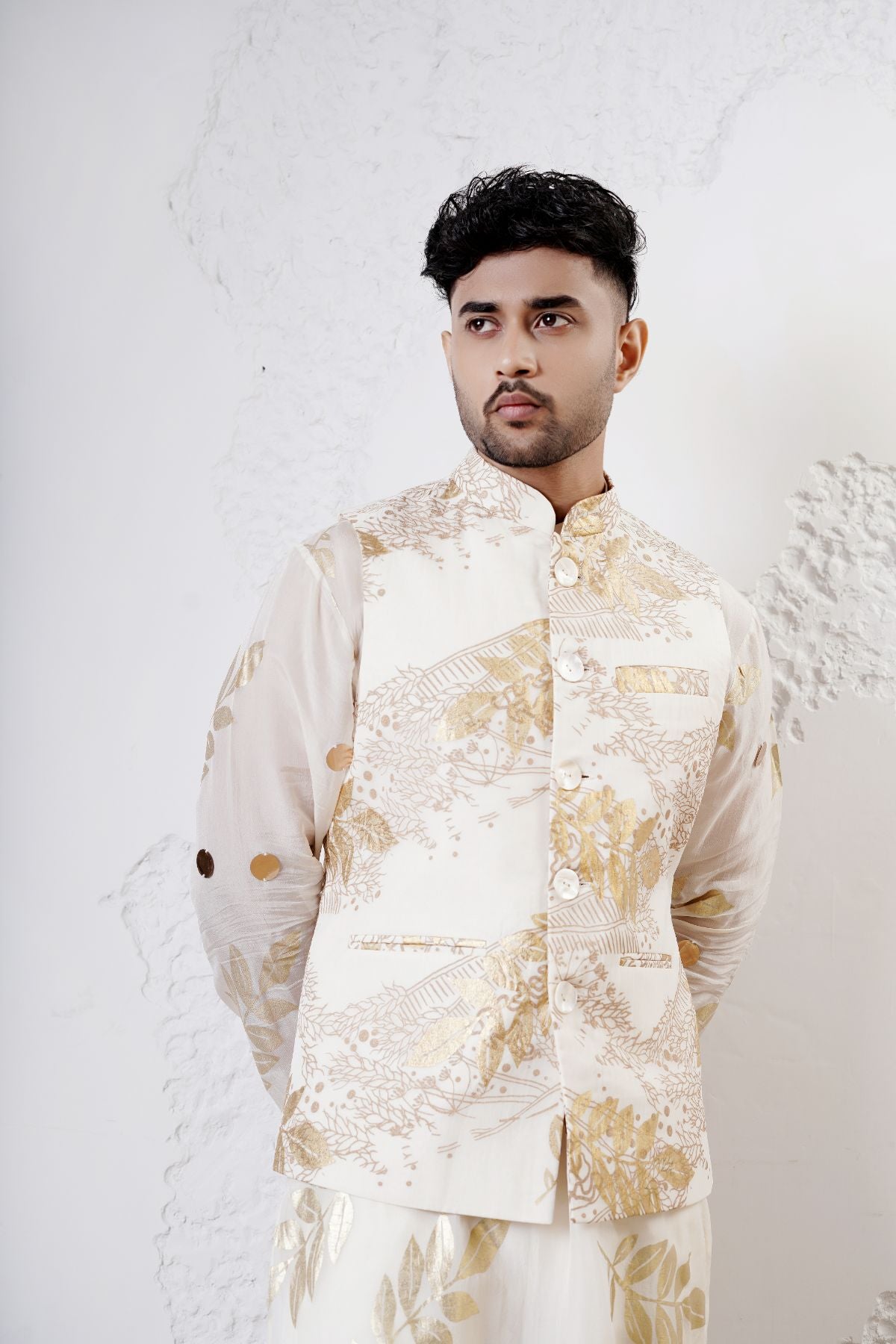Foil Nehru Jacket with Leaf Kurta and Straight Pants