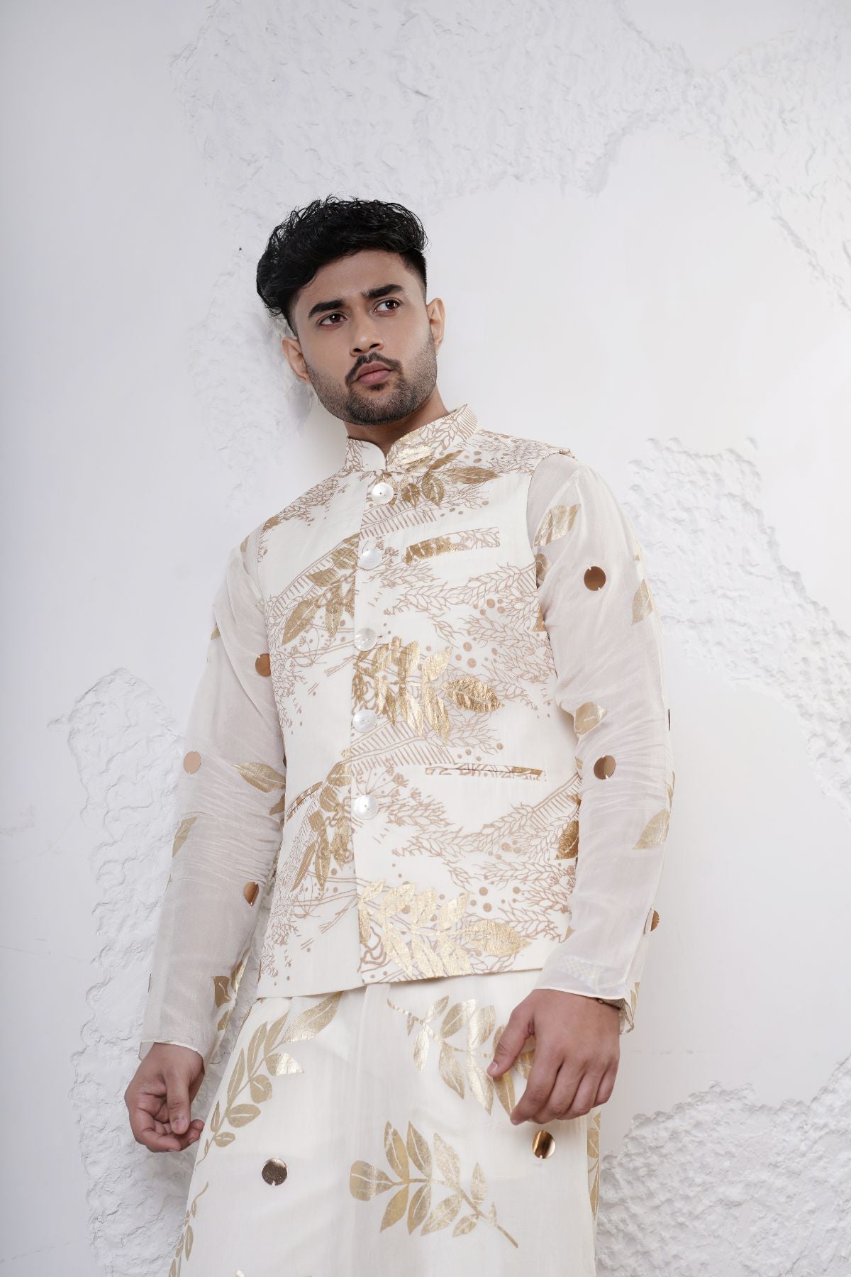 Foil Nehru Jacket with Leaf Kurta and Straight Pants