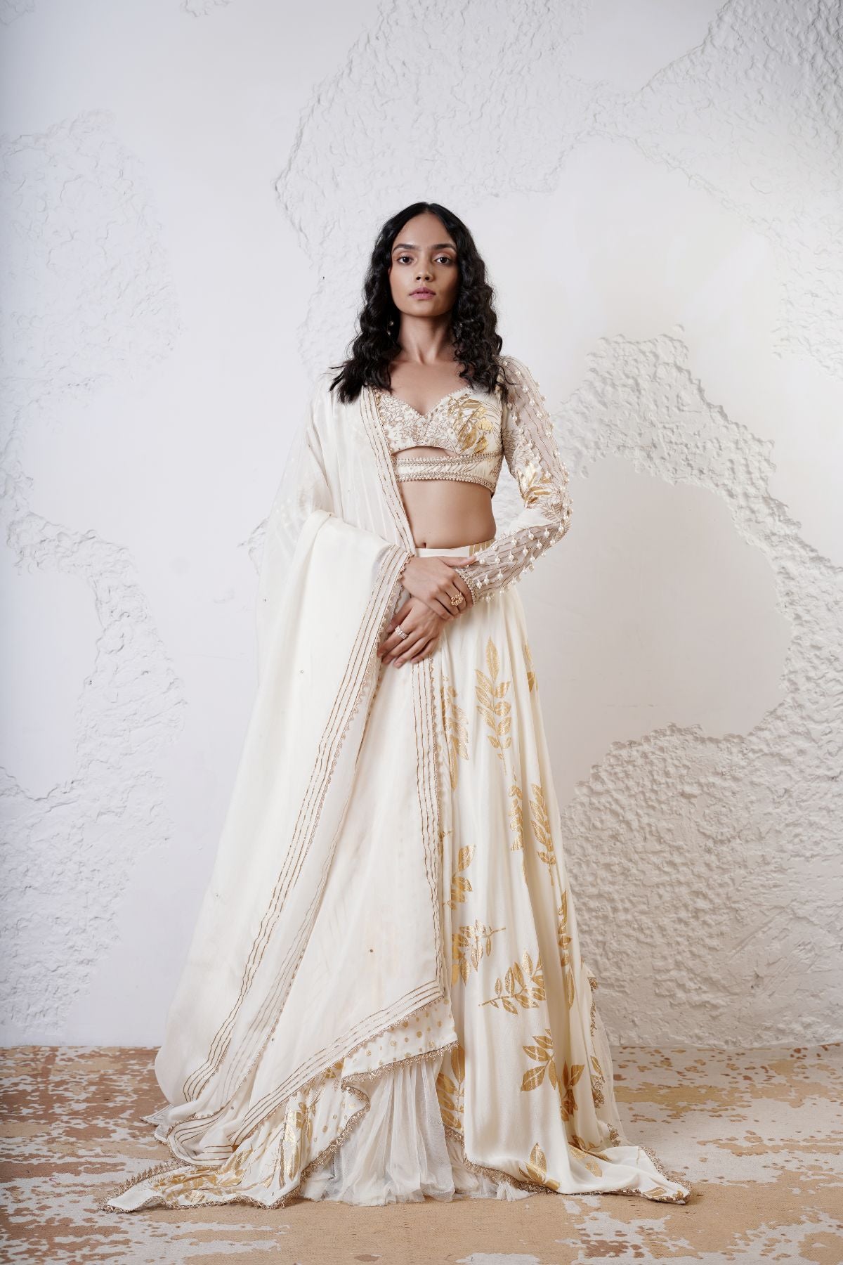 Foil Scarf Lehnega with Ruched Full Sleeve Blouse and Dupatta