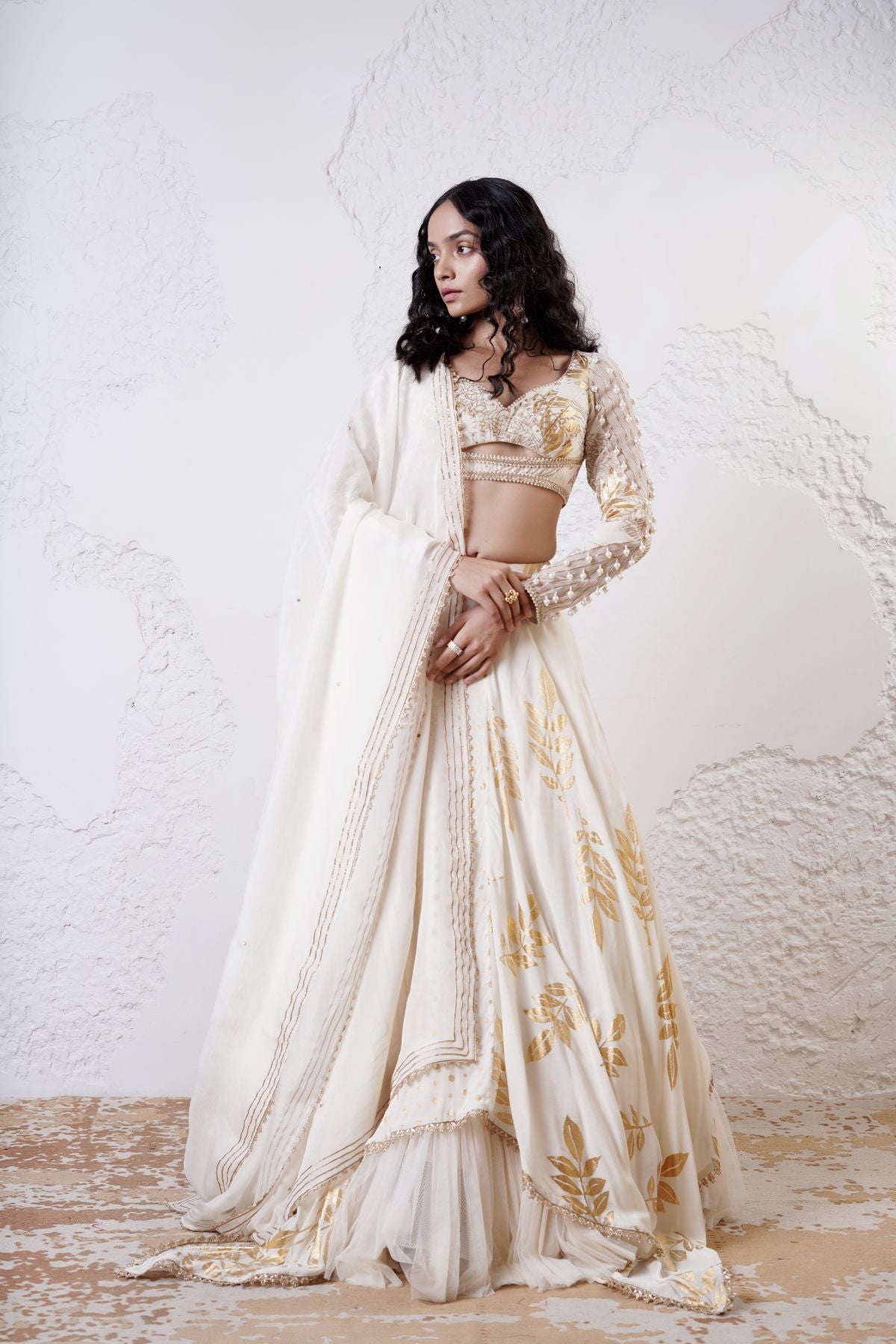 Foil Scarf Lehnega with Ruched Full Sleeve Blouse and Dupatta