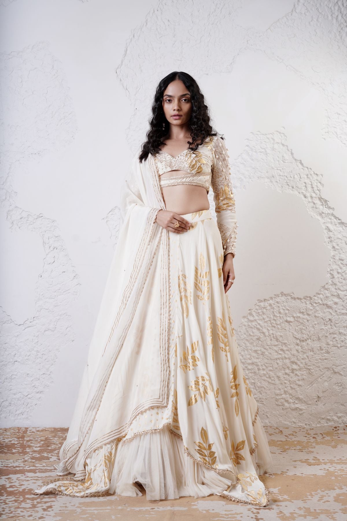 Foil Scarf Lehnega with Ruched Full Sleeve Blouse and Dupatta