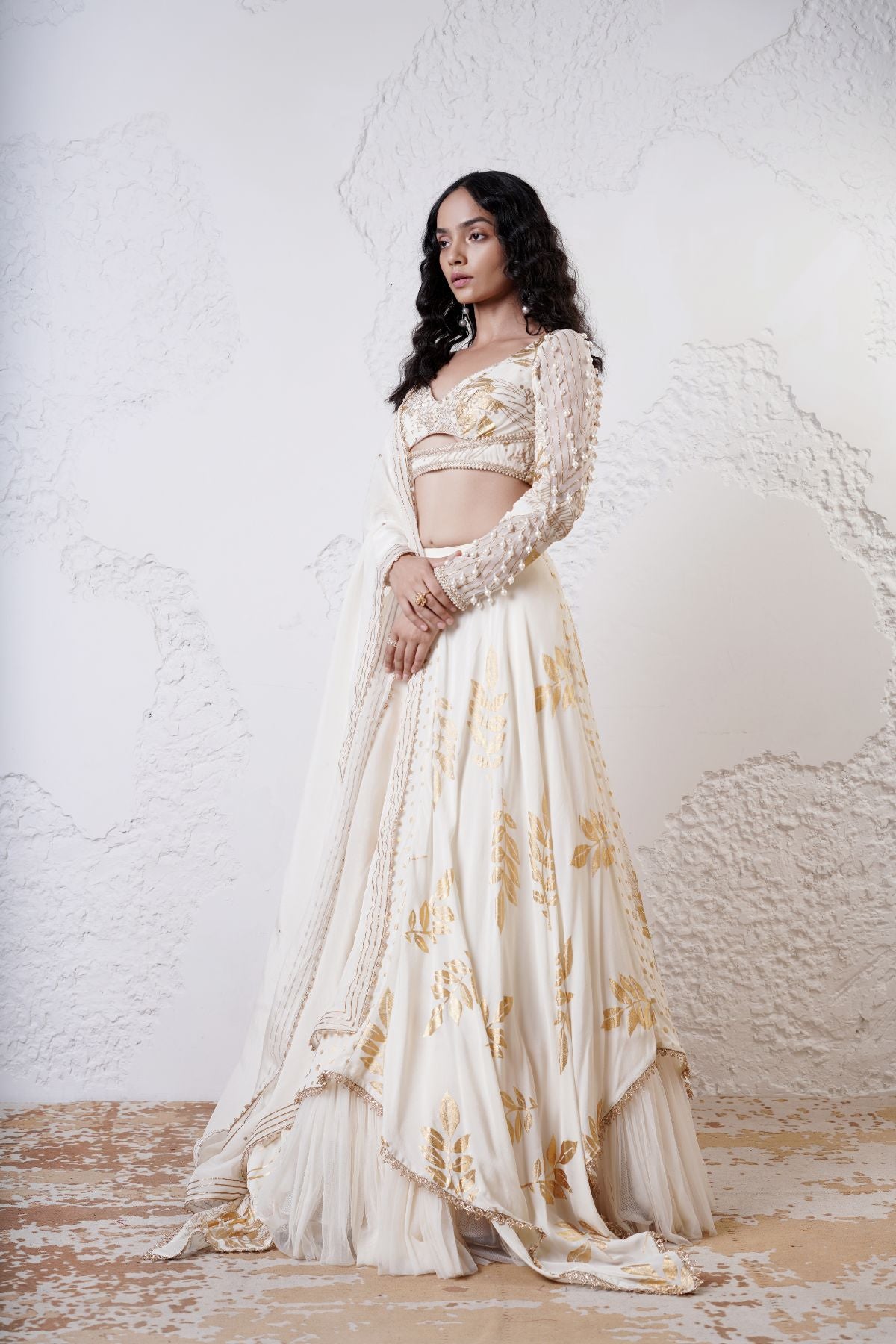 Foil Scarf Lehnega with Ruched Full Sleeve Blouse and Dupatta