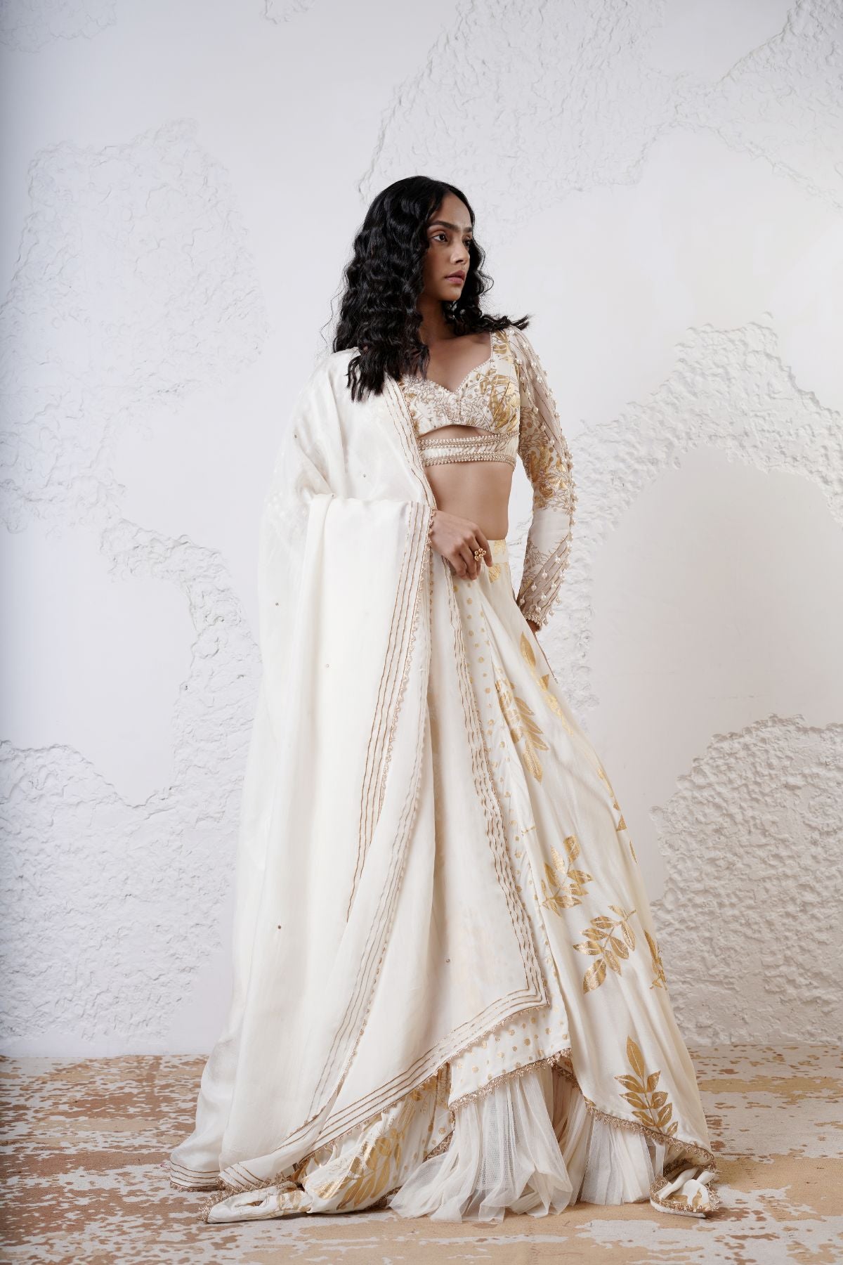 Foil Scarf Lehnega with Ruched Full Sleeve Blouse and Dupatta