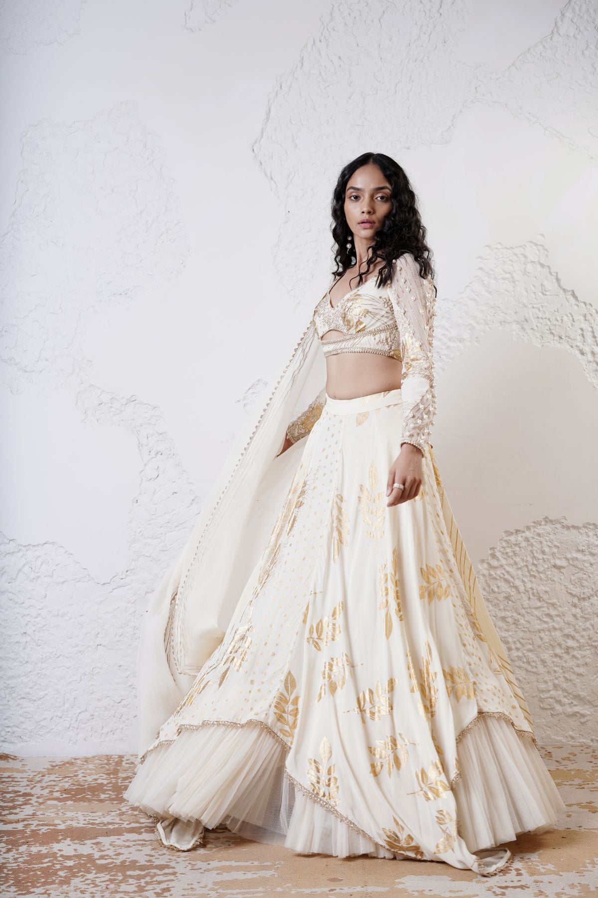 Foil Scarf Lehnega with Ruched Full Sleeve Blouse and Dupatta