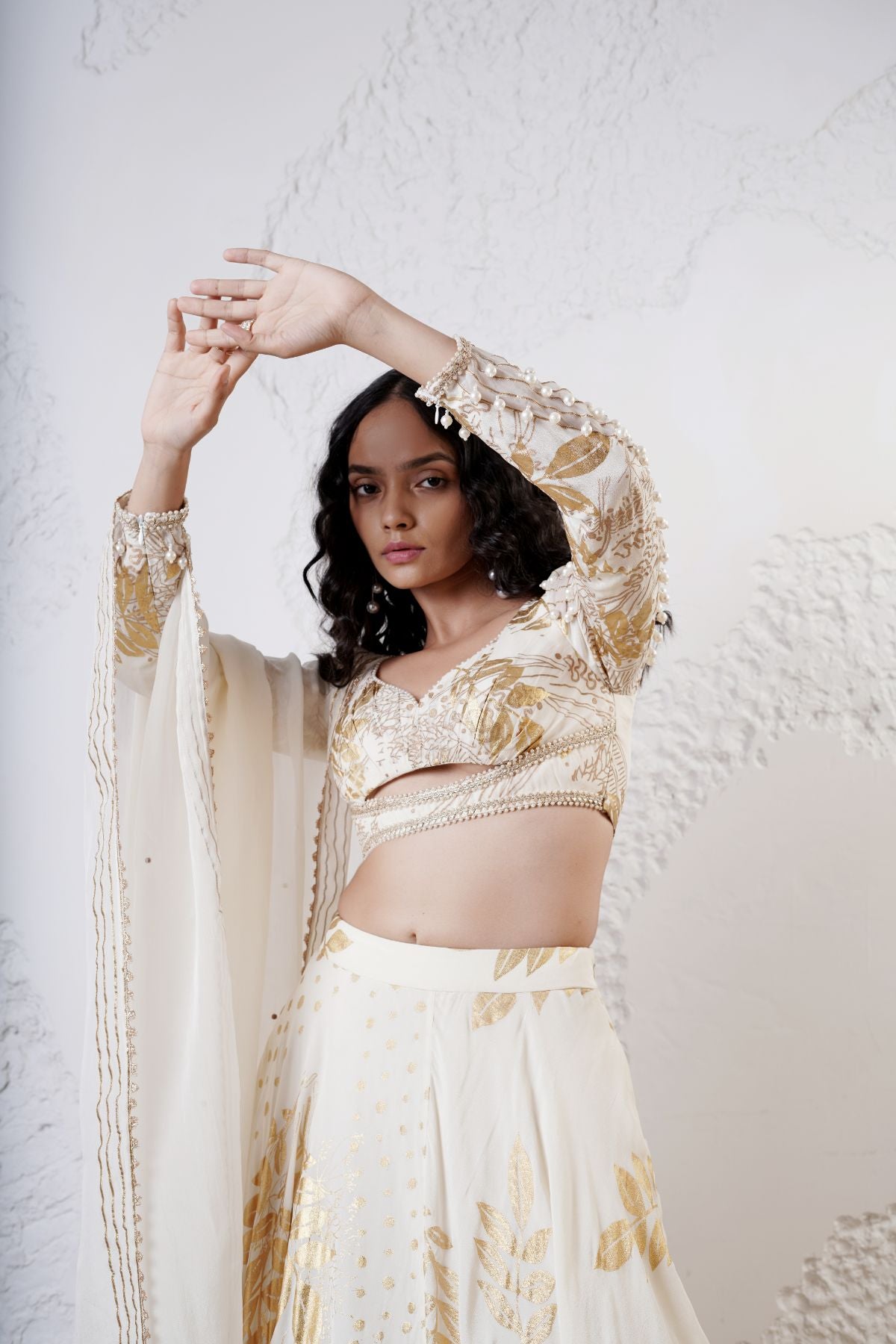 Foil Scarf Lehnega with Ruched Full Sleeve Blouse and Dupatta