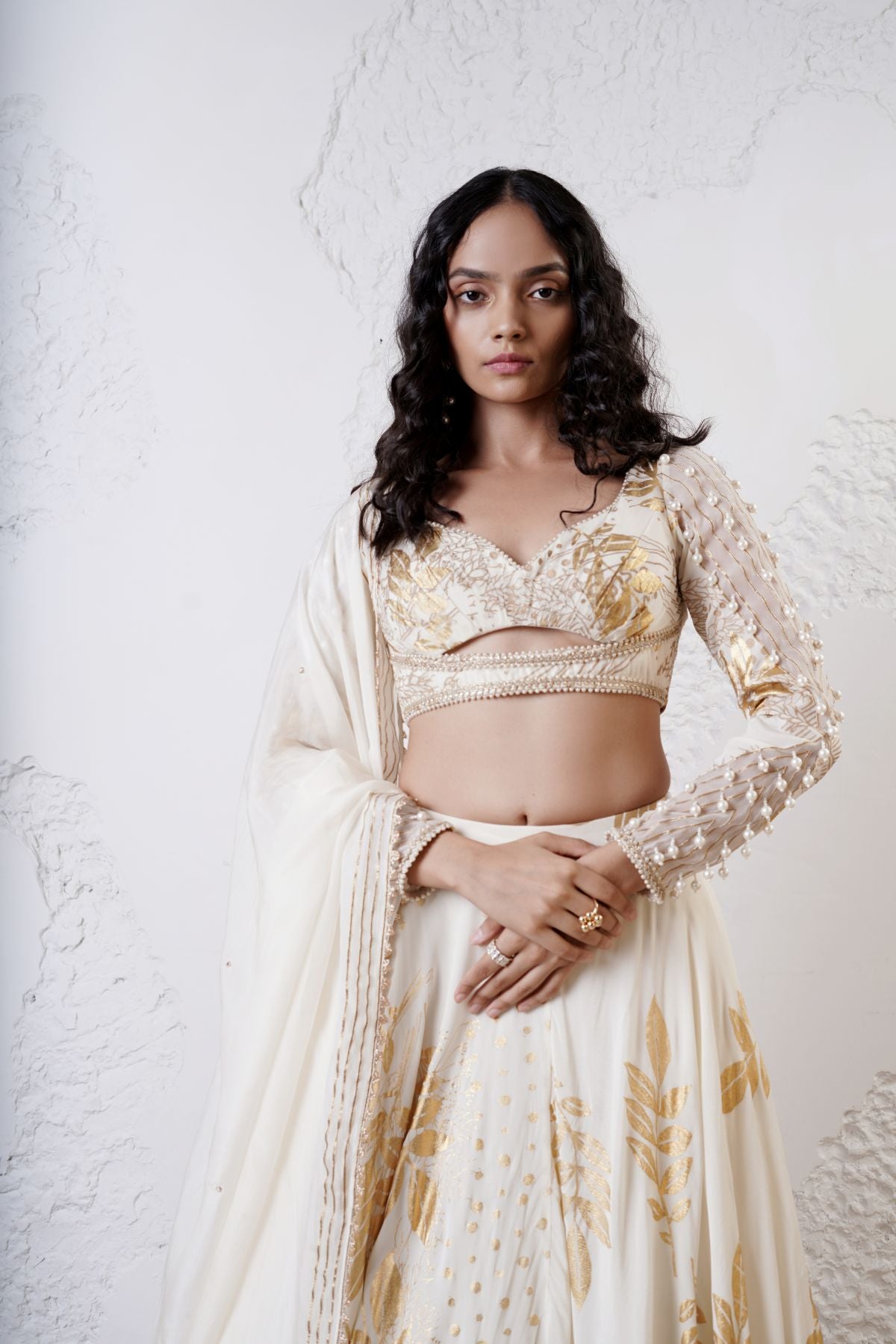 Foil Scarf Lehnega with Ruched Full Sleeve Blouse and Dupatta