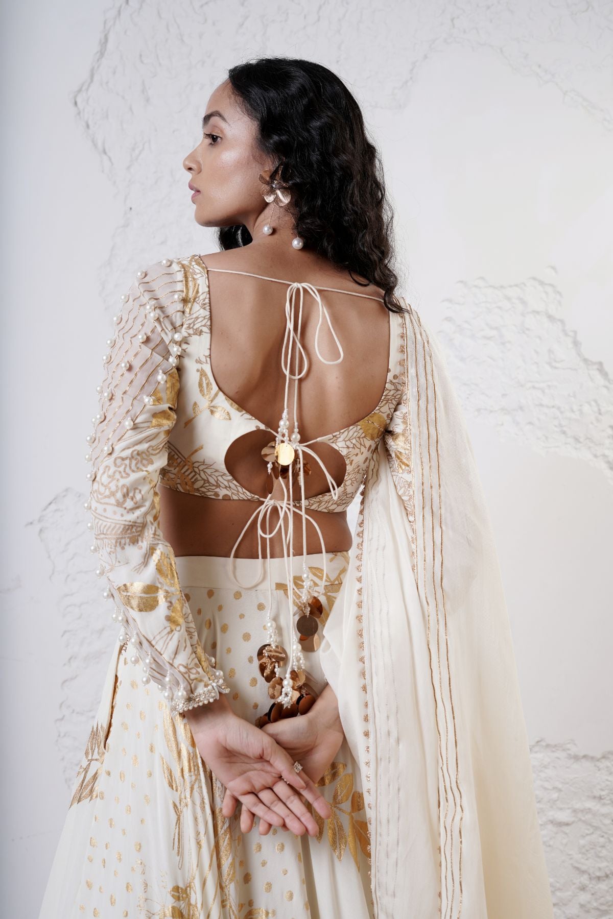 Foil Scarf Lehnega with Ruched Full Sleeve Blouse and Dupatta