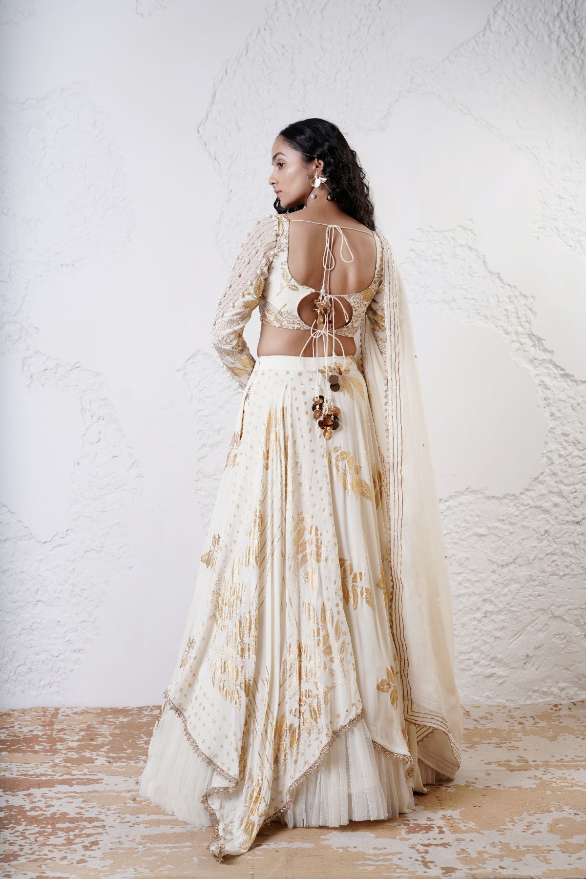 Foil Scarf Lehnega with Ruched Full Sleeve Blouse and Dupatta