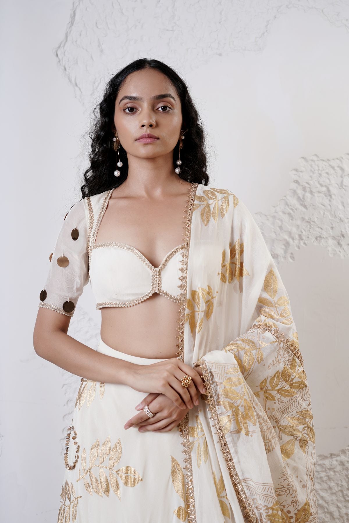 Embroidered Leaf Lehenga with Beaded Blouse and Foil Dupatta