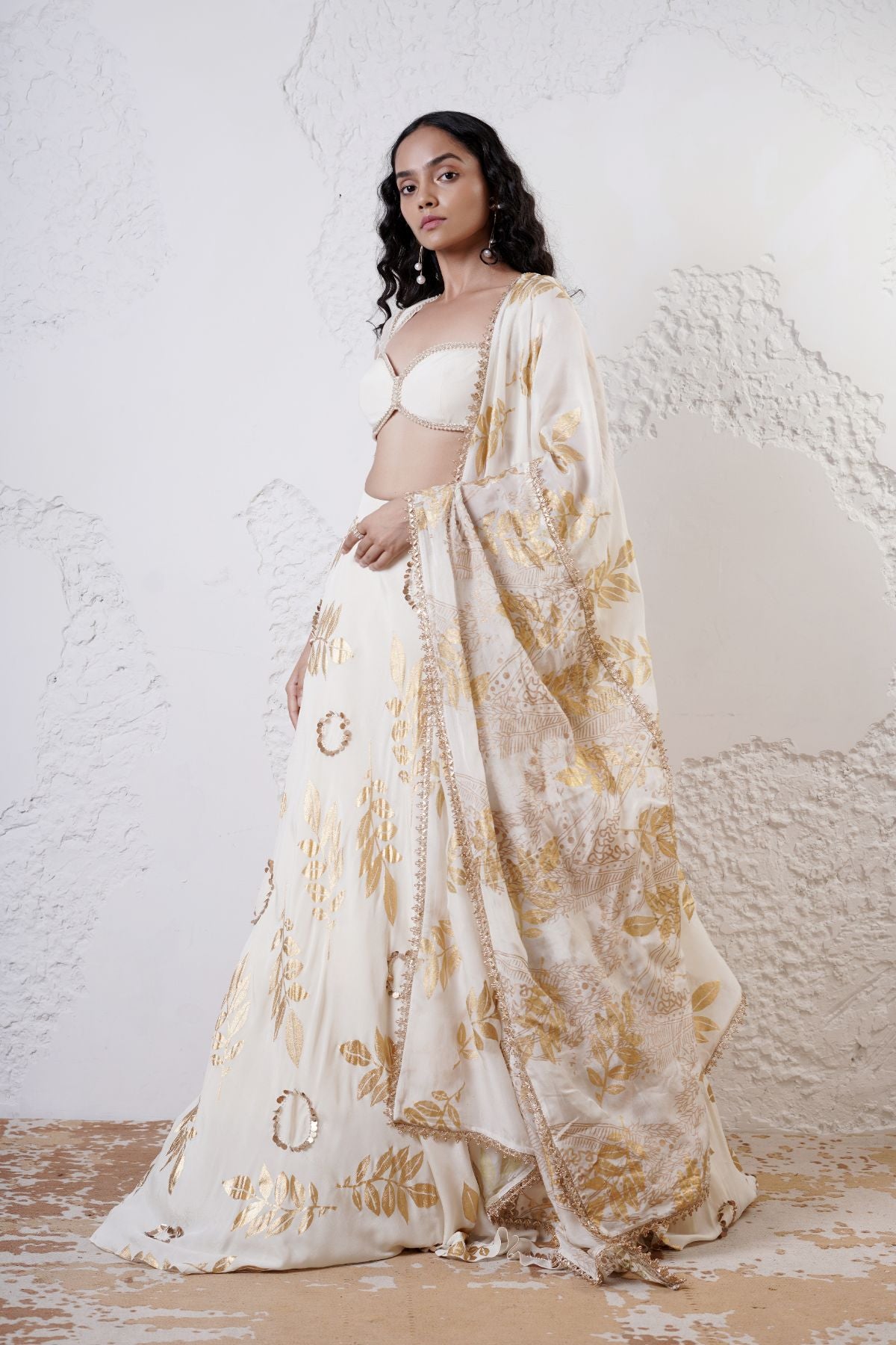 Embroidered Leaf Lehenga with Beaded Blouse and Foil Dupatta