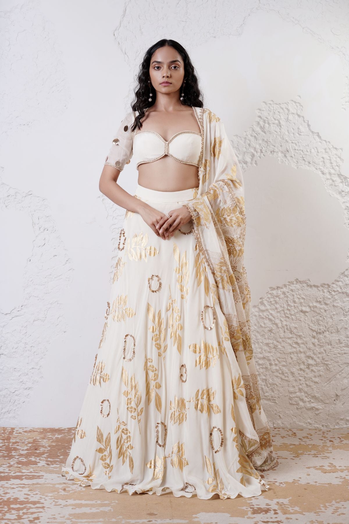 Embroidered Leaf Lehenga with Beaded Blouse and Foil Dupatta