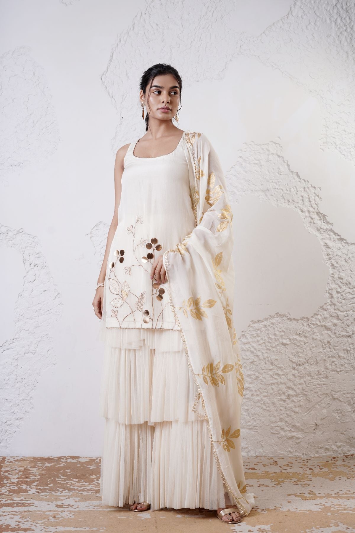 Embroidered Short Kurta with Layered Tuelle Sharara and Foil Dupatta