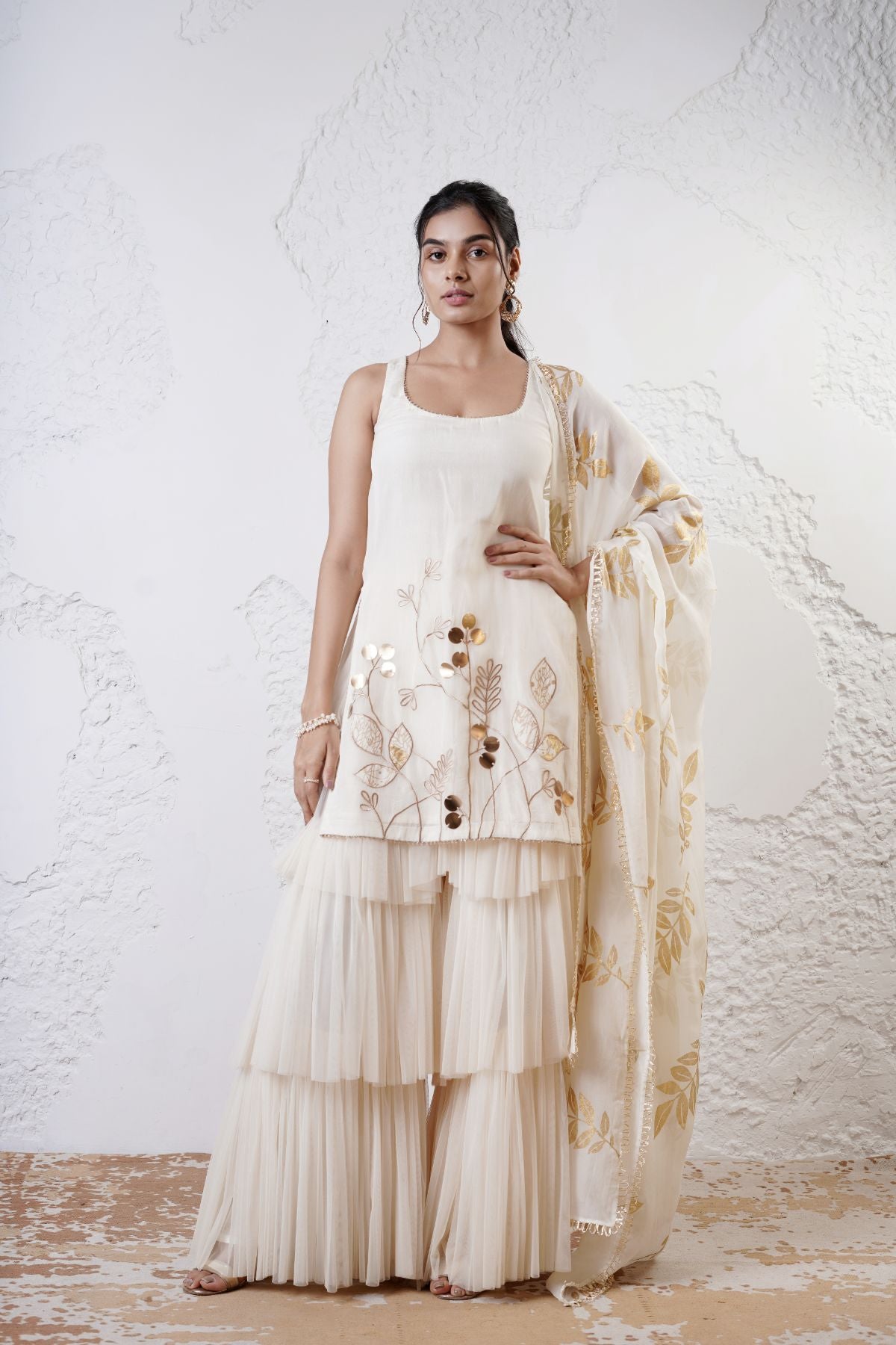 Embroidered Short Kurta with Layered Tuelle Sharara and Foil Dupatta