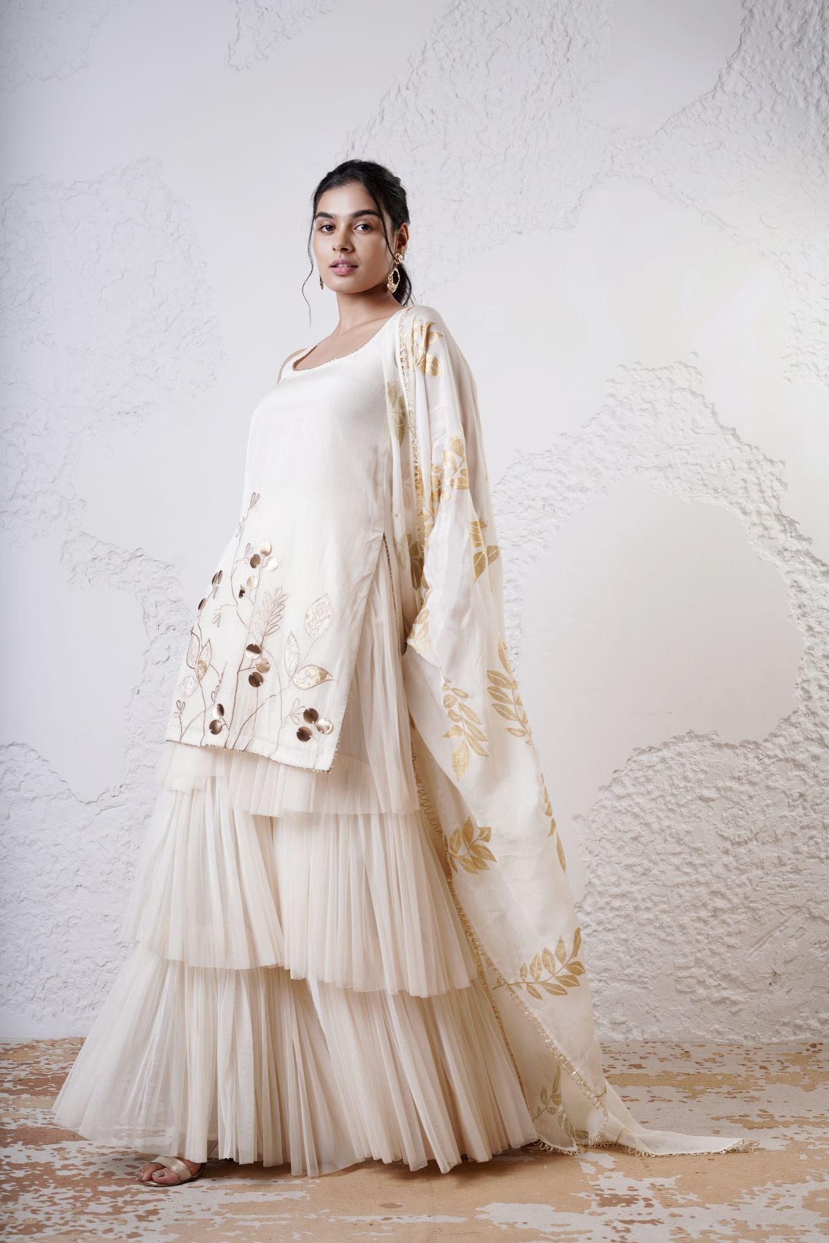 Embroidered Short Kurta with Layered Tuelle Sharara and Foil Dupatta