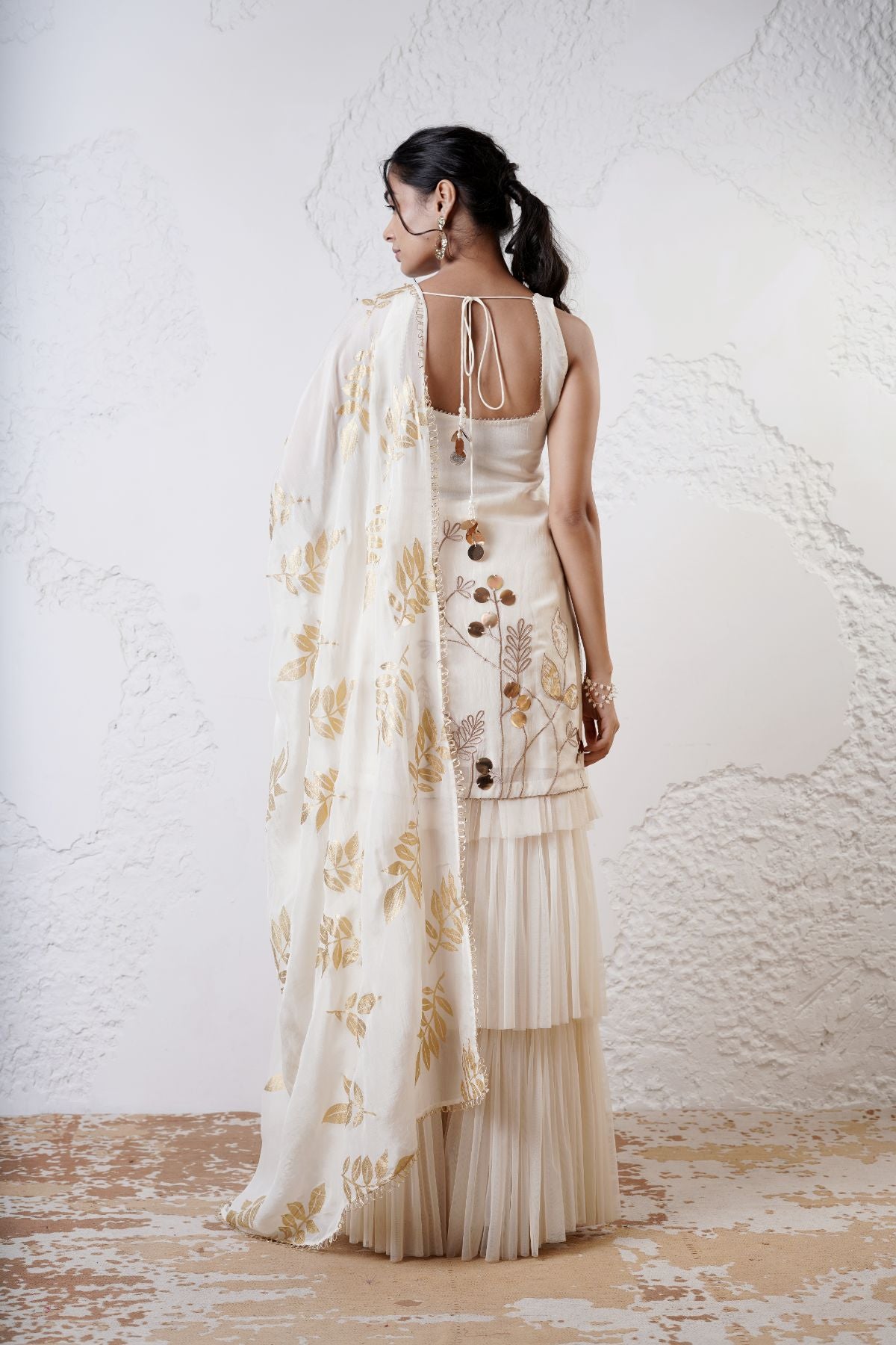 Embroidered Short Kurta with Layered Tuelle Sharara and Foil Dupatta
