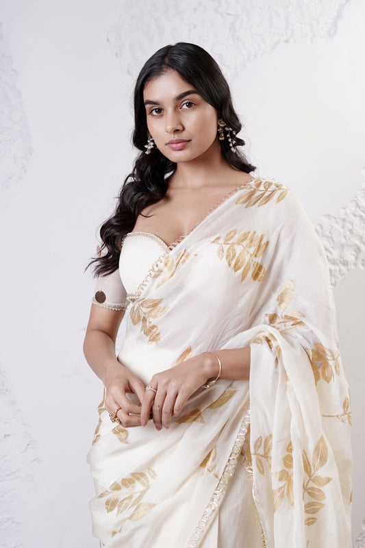 Foil Leaf Saree with Beaded Blouse
