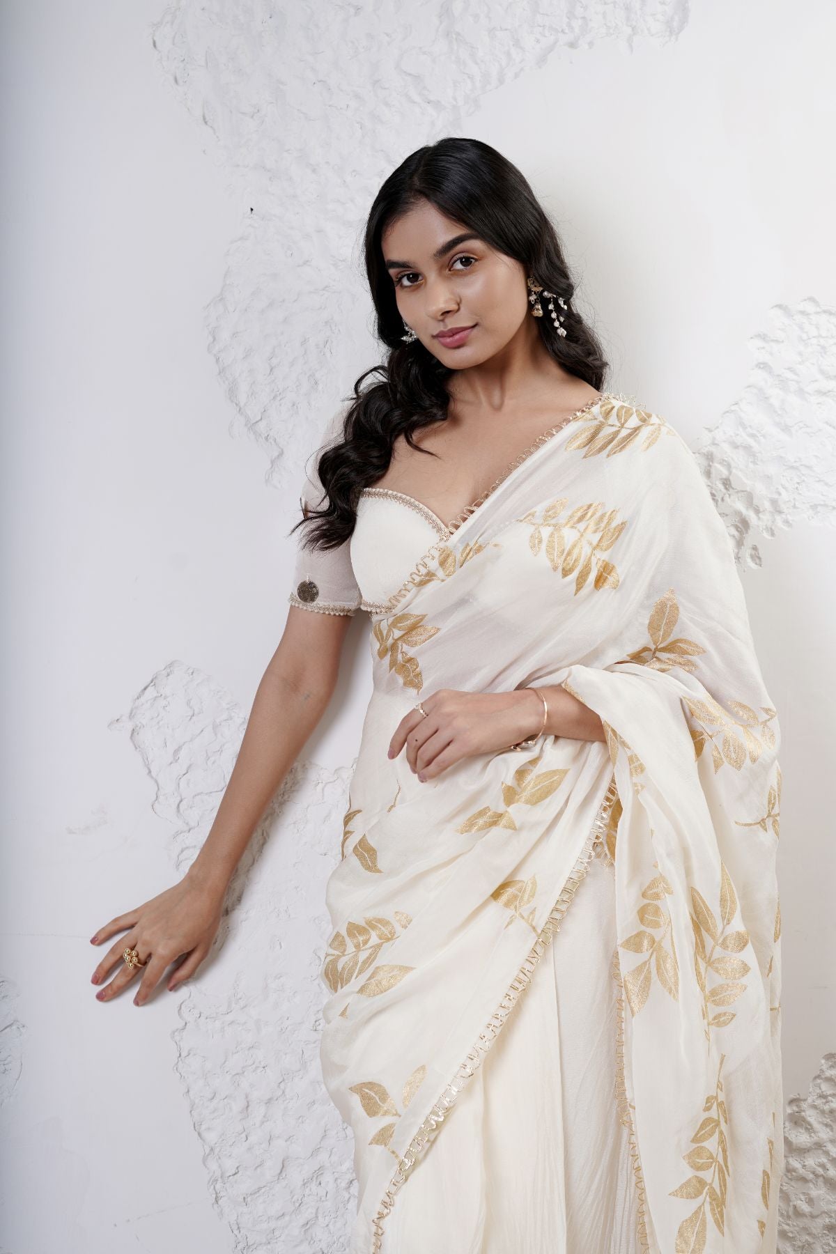 Foil Leaf Saree with Beaded Blouse