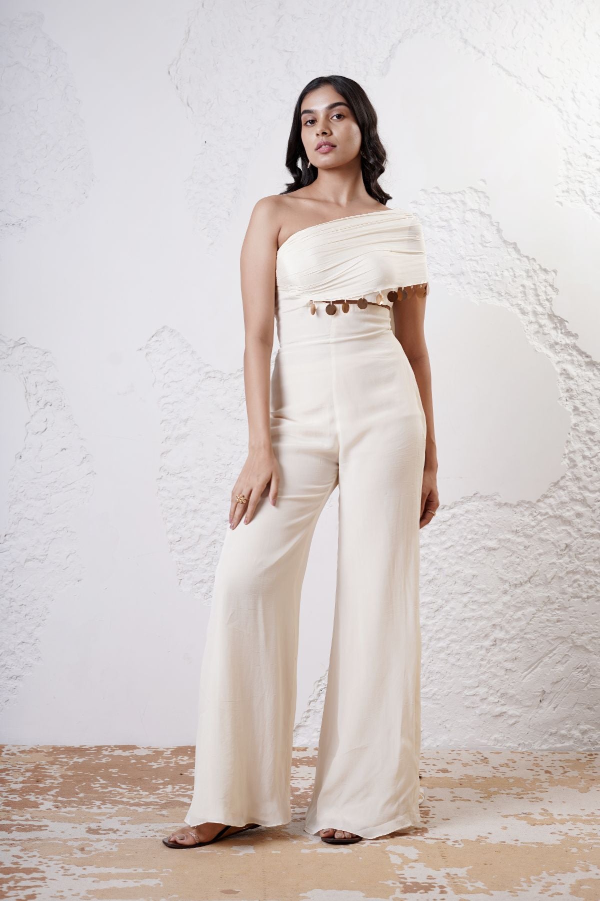 Draped Jumpsuit with Foil Printed Scarf Pallu