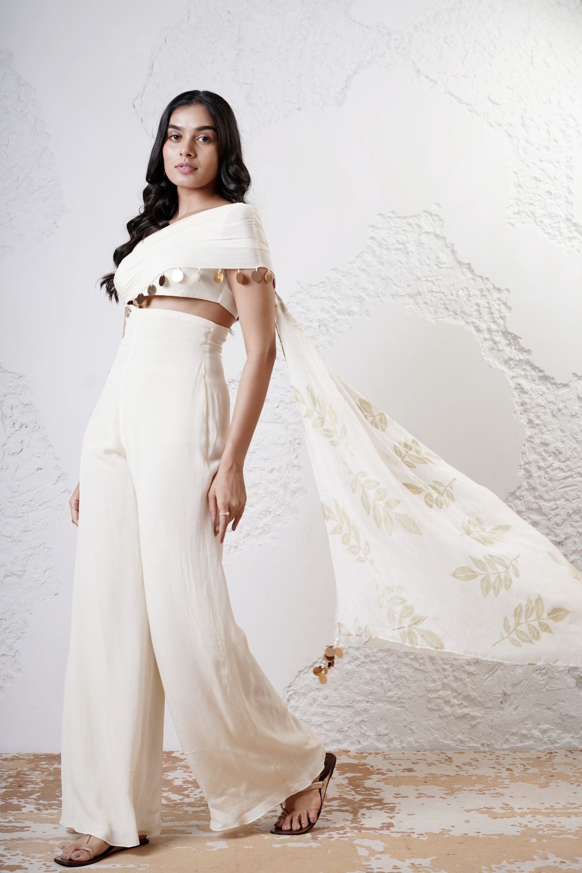 Draped Jumpsuit with Foil Printed Scarf Pallu