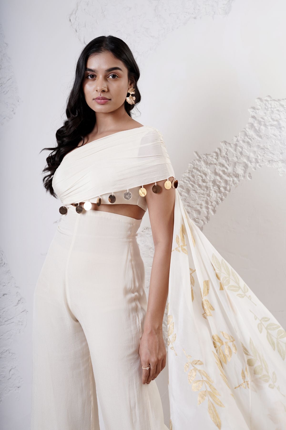 Draped Jumpsuit with Foil Printed Scarf Pallu