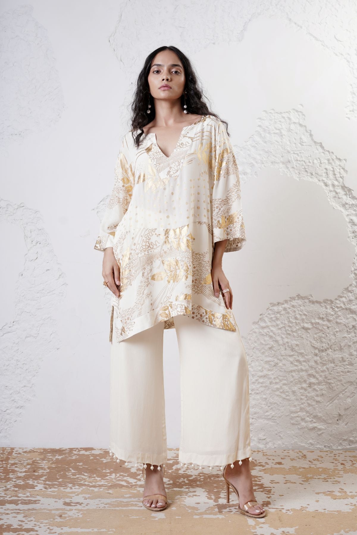 Foil Printed Straight Kaftan Kurta with Straight Beaded Pants