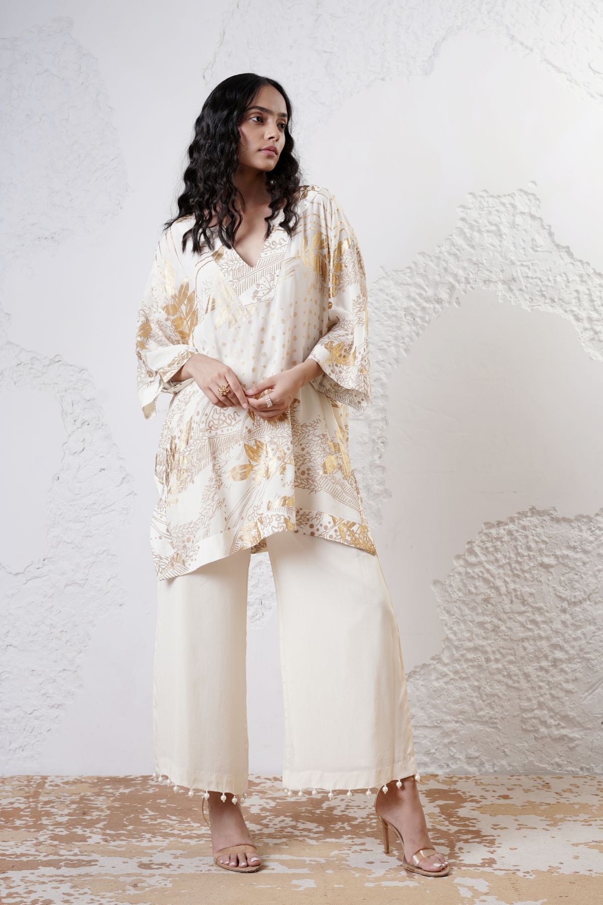 Foil Printed Straight Kaftan Kurta with Straight Beaded Pants