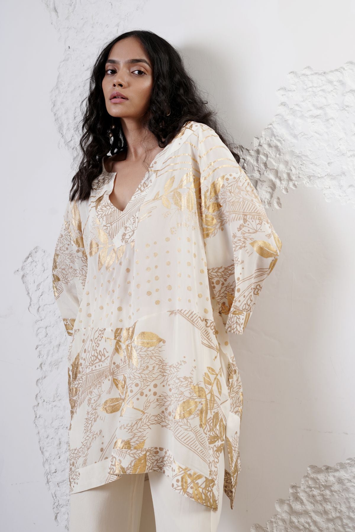 Foil Printed Straight Kaftan Kurta with Straight Beaded Pants
