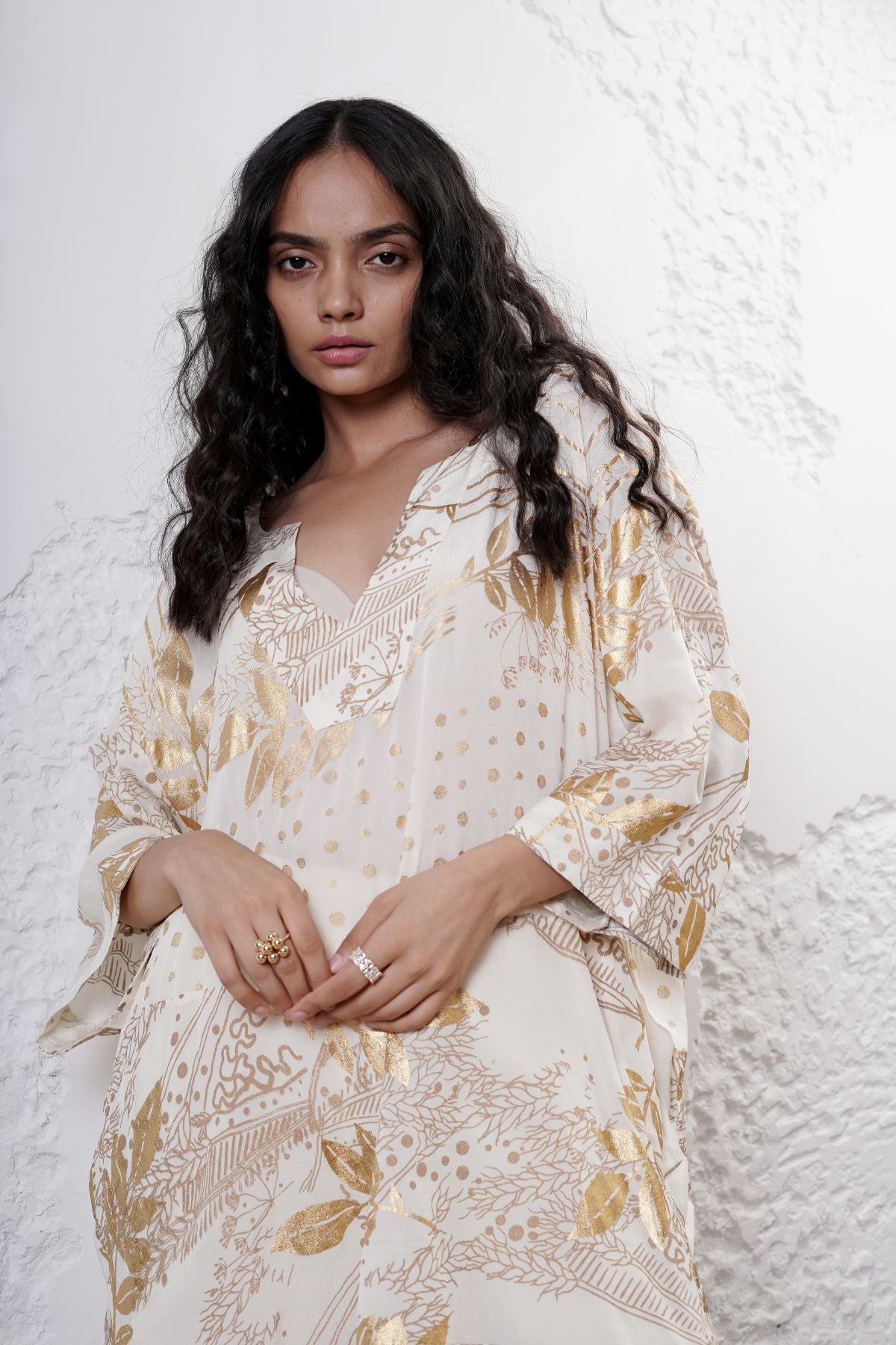 Foil Printed Straight Kaftan Kurta with Straight Beaded Pants