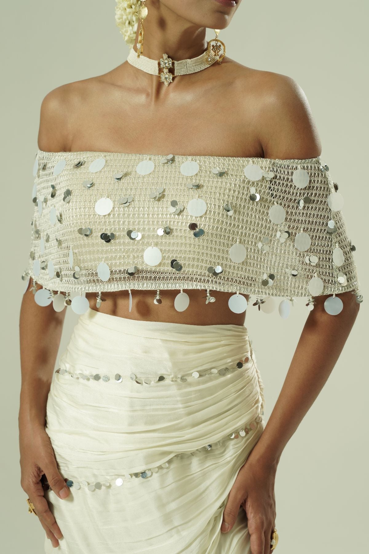 Knitted Sequin Draped Draped Skirt Set