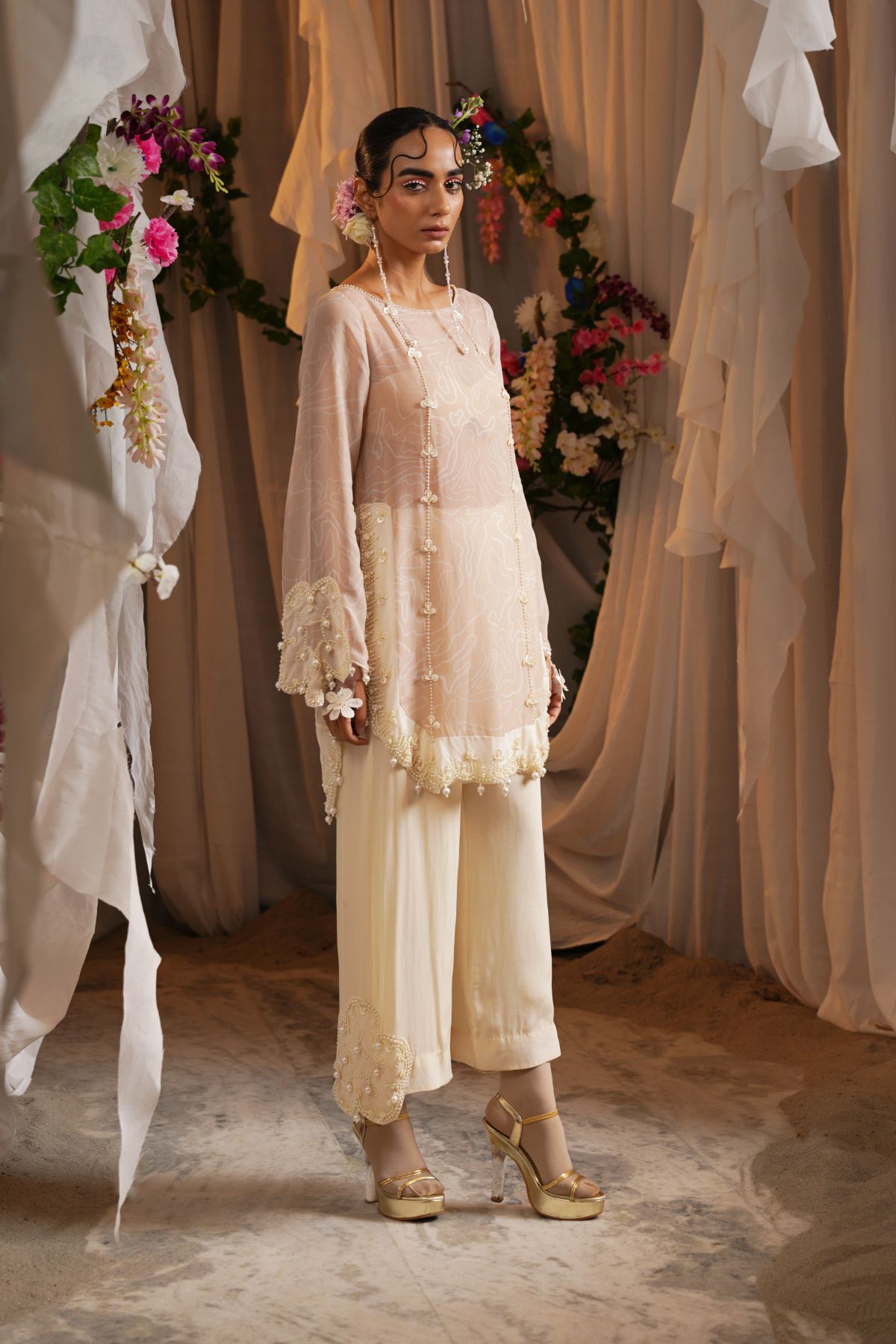 Printed Pearl Short Kurta With Floret Patch Cropped Pants And A Printed Bralet