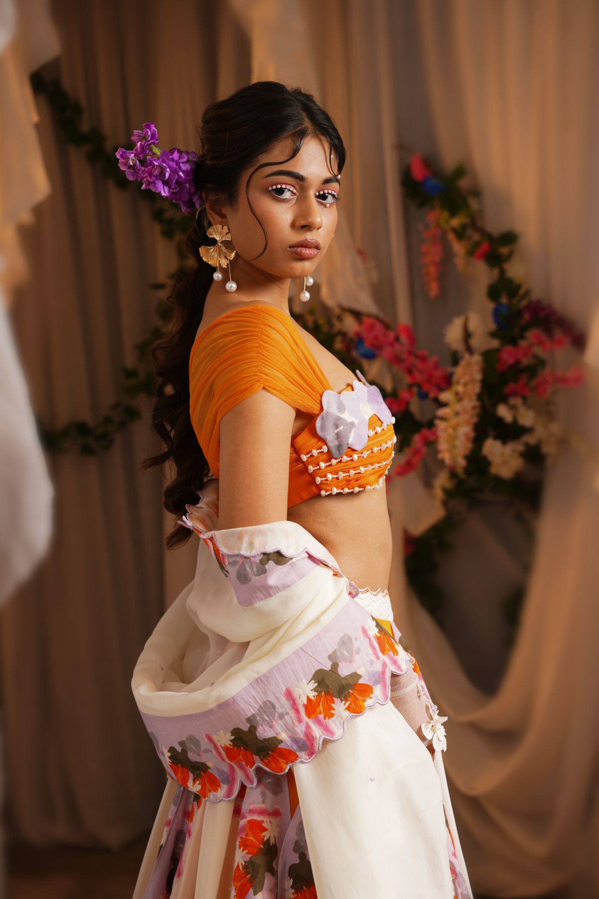 Scarf Floret Border Lehenga With Ruched Floret Blouse And Scalloped Patch Bordr Dupatta