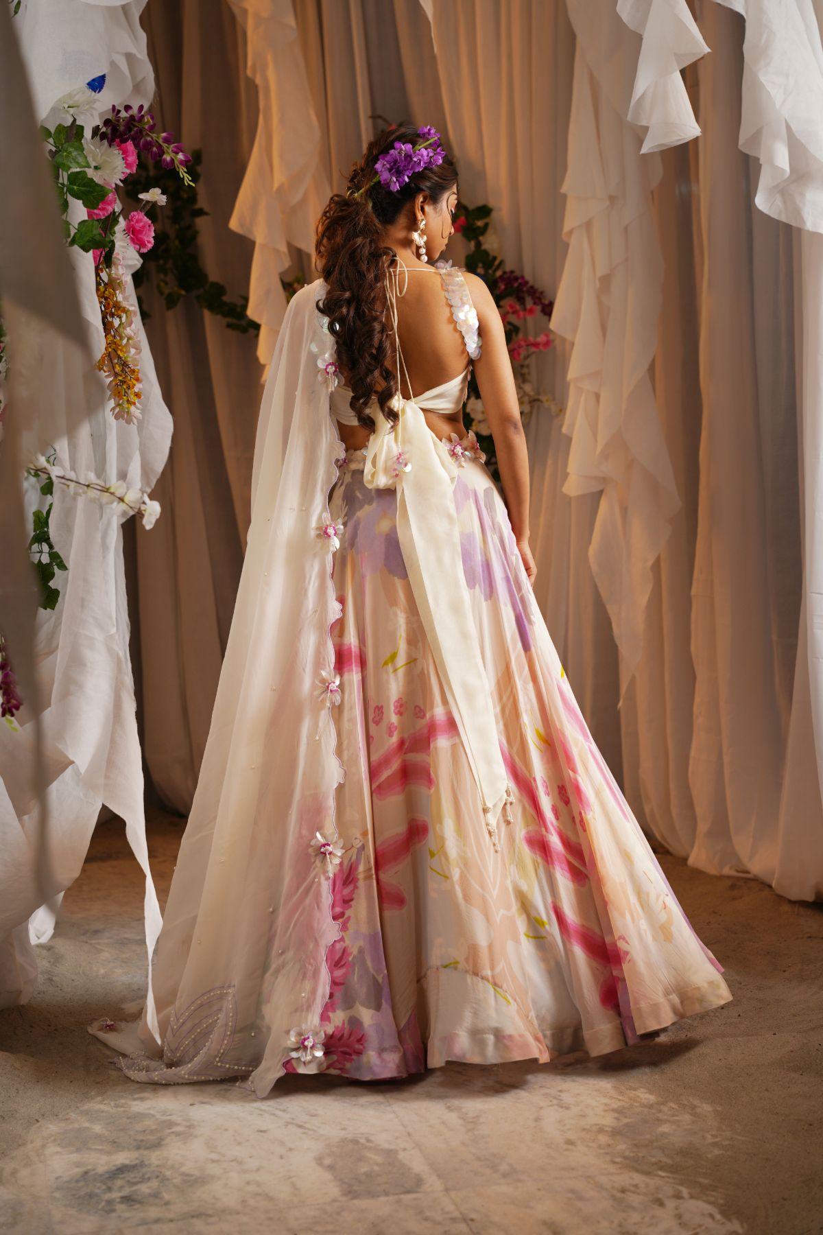 Garden Print Lehenga With Embroidered Blouse And Dupatta