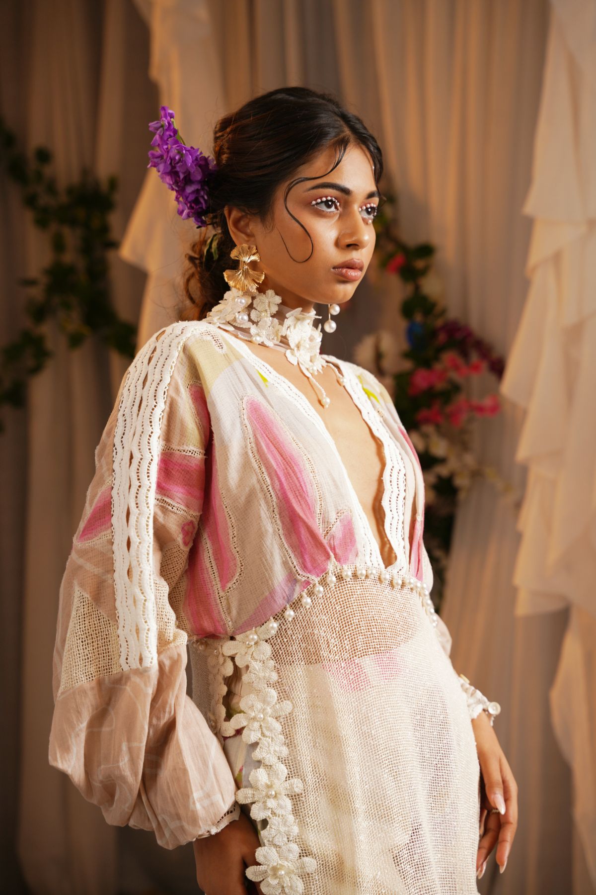 Vally Print Patvh Kaftan Kurta With Scalloped Border Cropped Pants