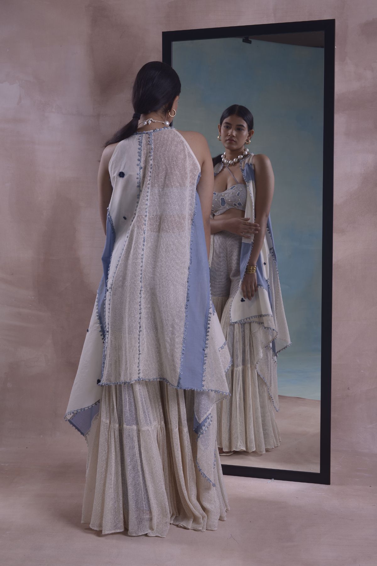 Patchwork Jacket with Mesh Sharara and Bustier