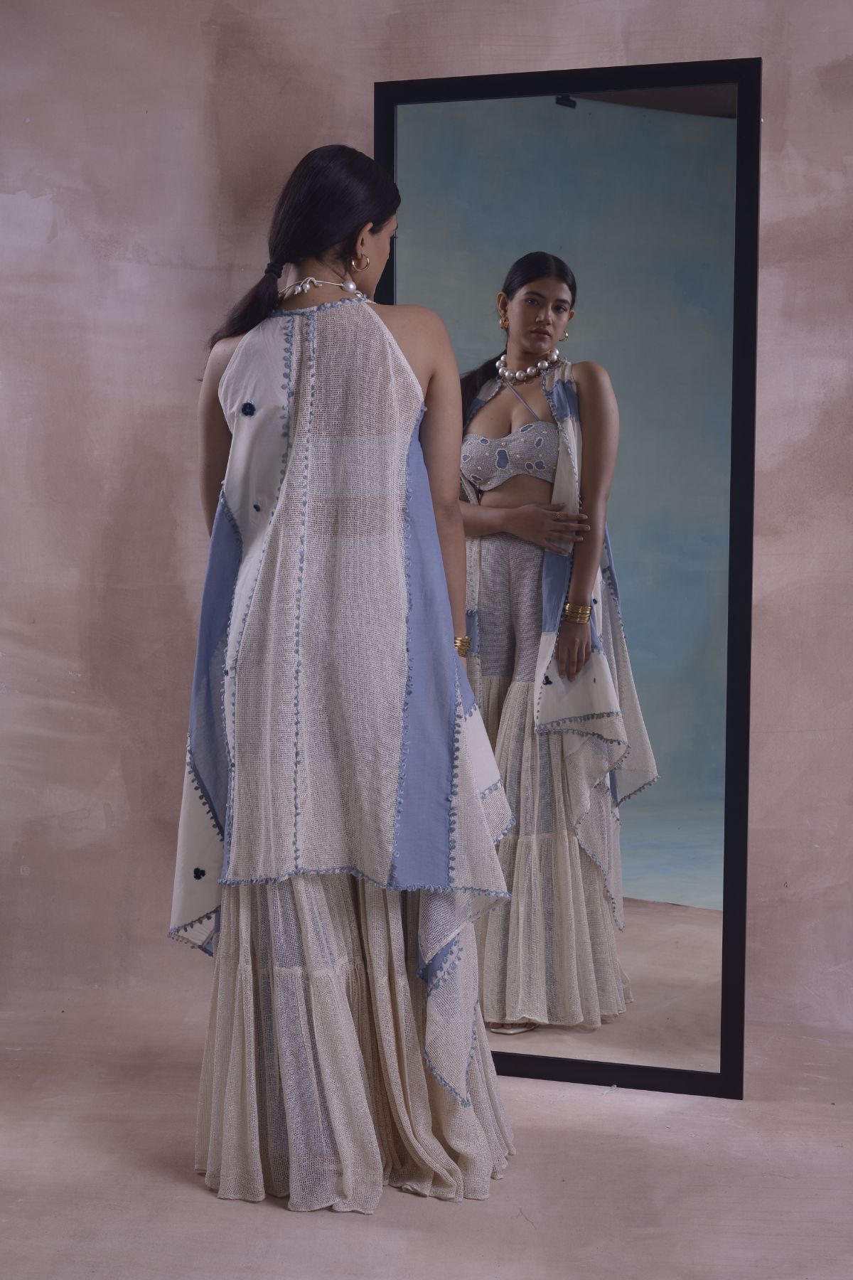 Patchwork Jacket with Mesh Sharara and Bustier