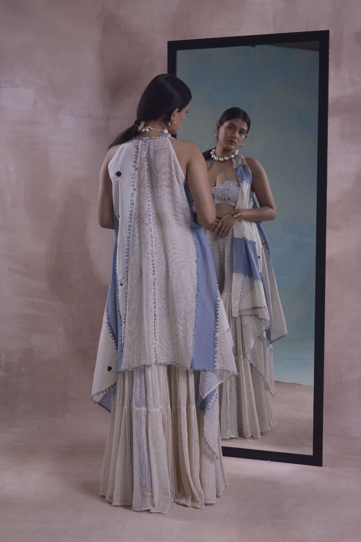 Patchwork Jacket with Mesh Sharara and Bustier