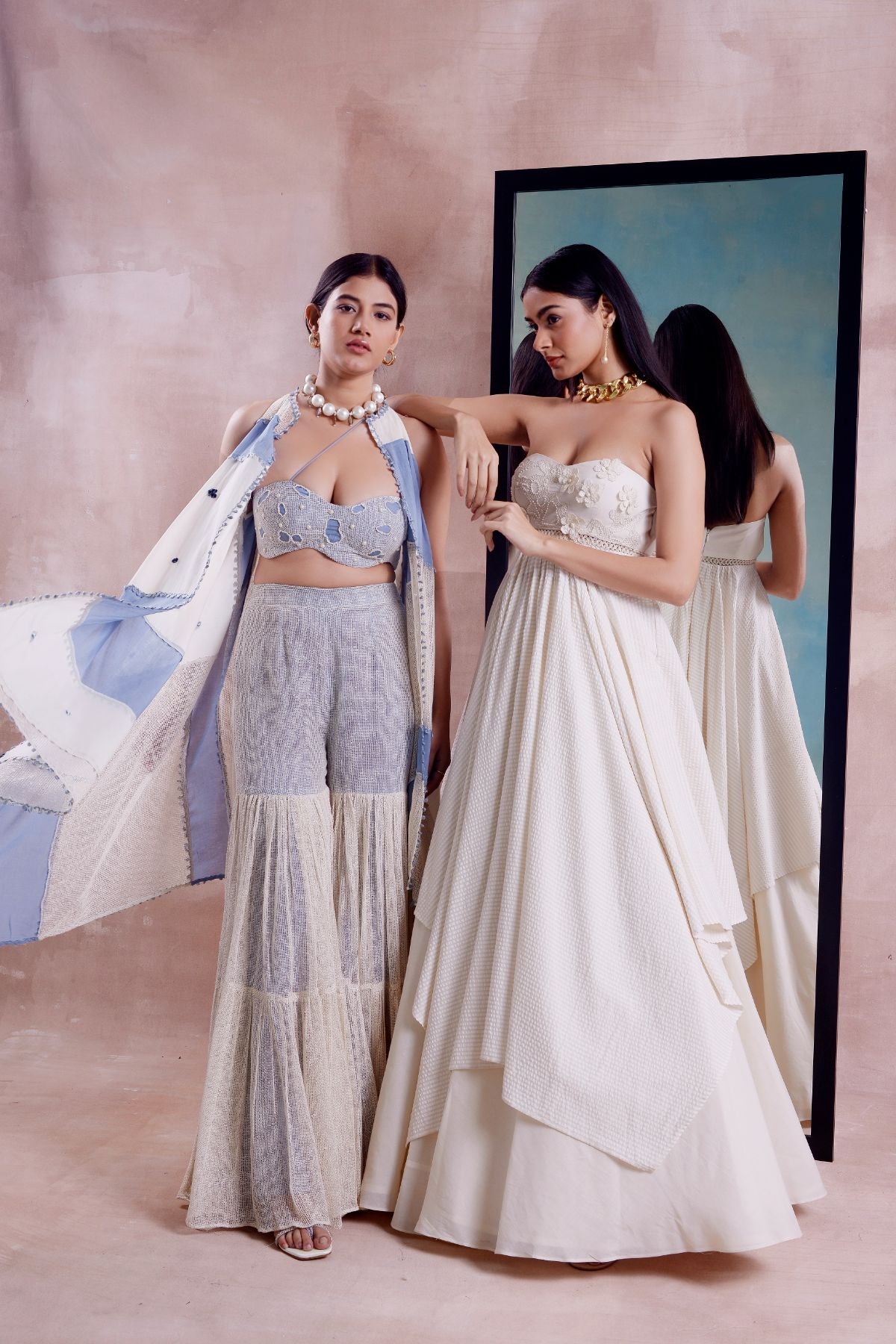 Patchwork Jacket with Mesh Sharara and Bustier