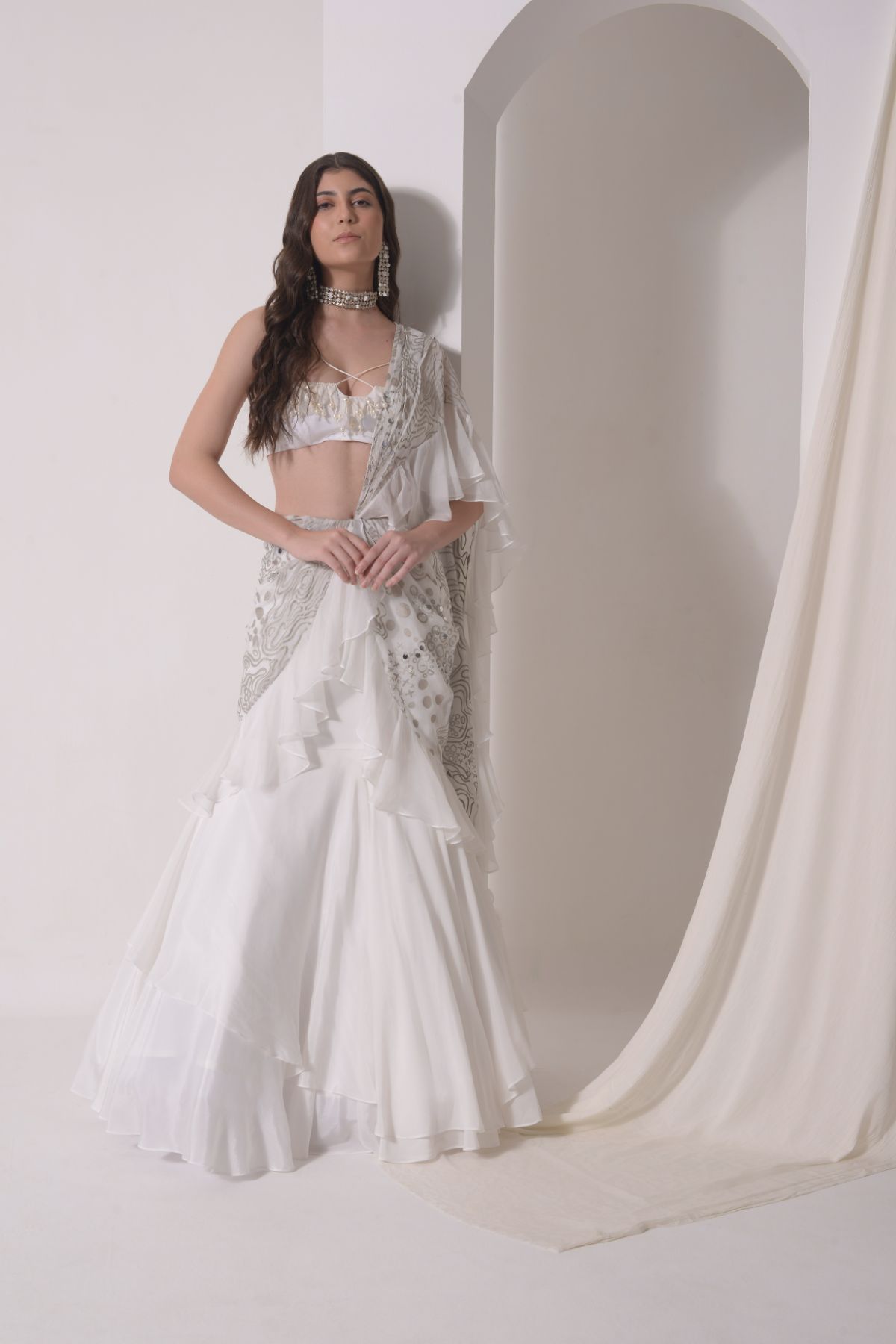 Ruffled drape saree with beaded bustier
