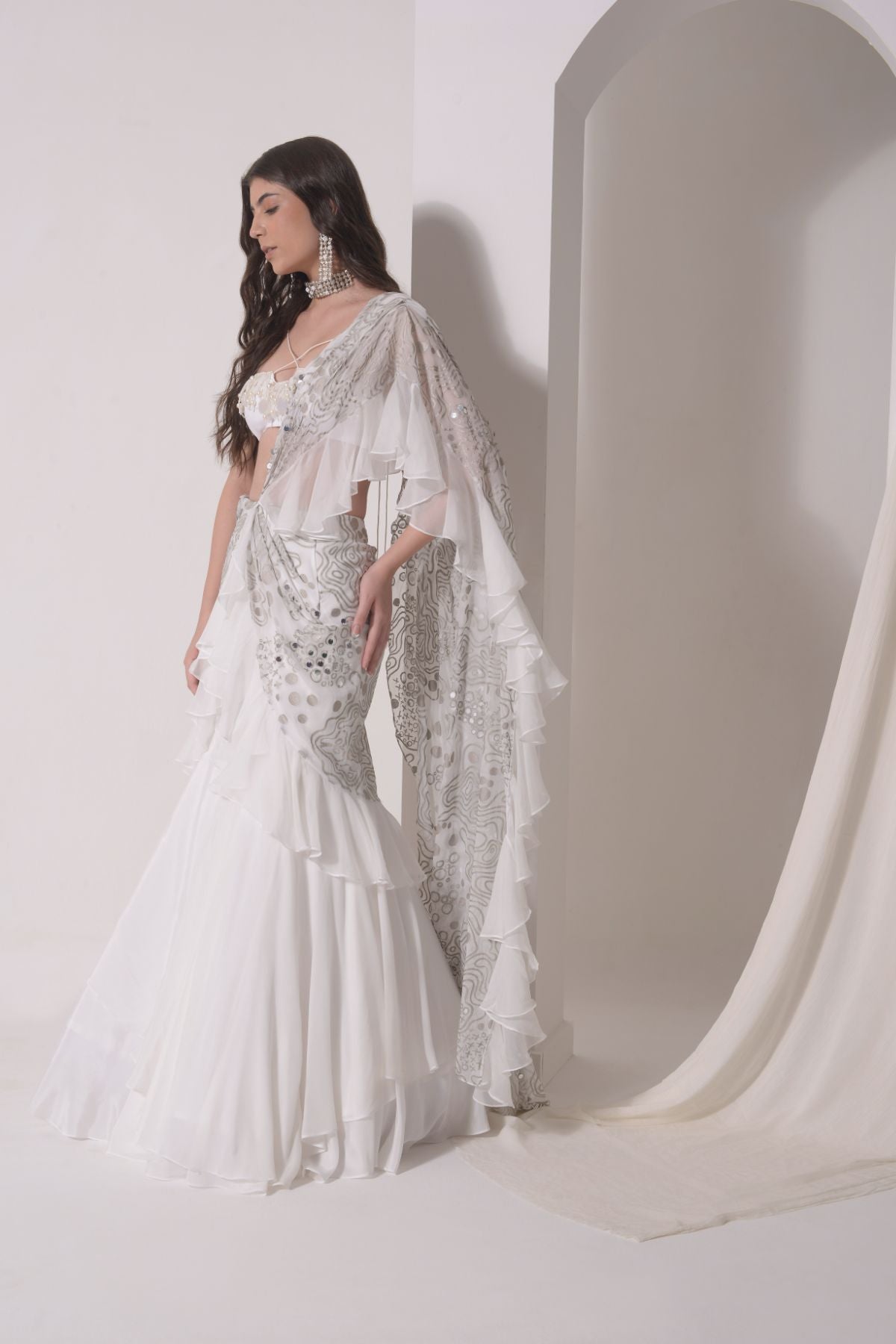 Ruffled drape saree with beaded bustier