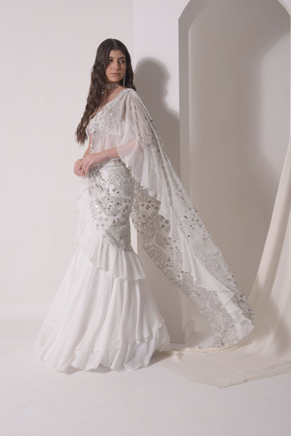 Ruffled drape saree with beaded bustier