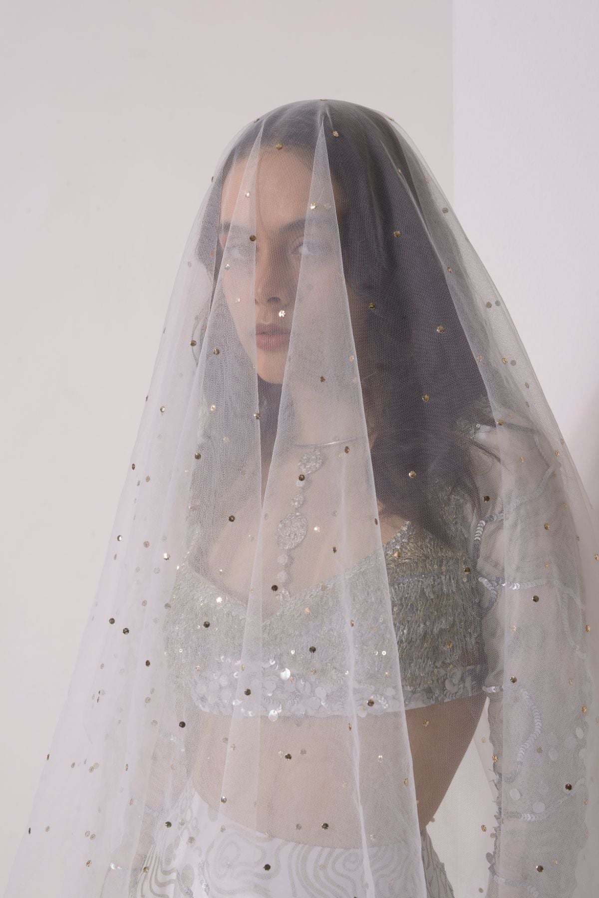 Foil twinkling lehenga with embroidered blouse and dupatta