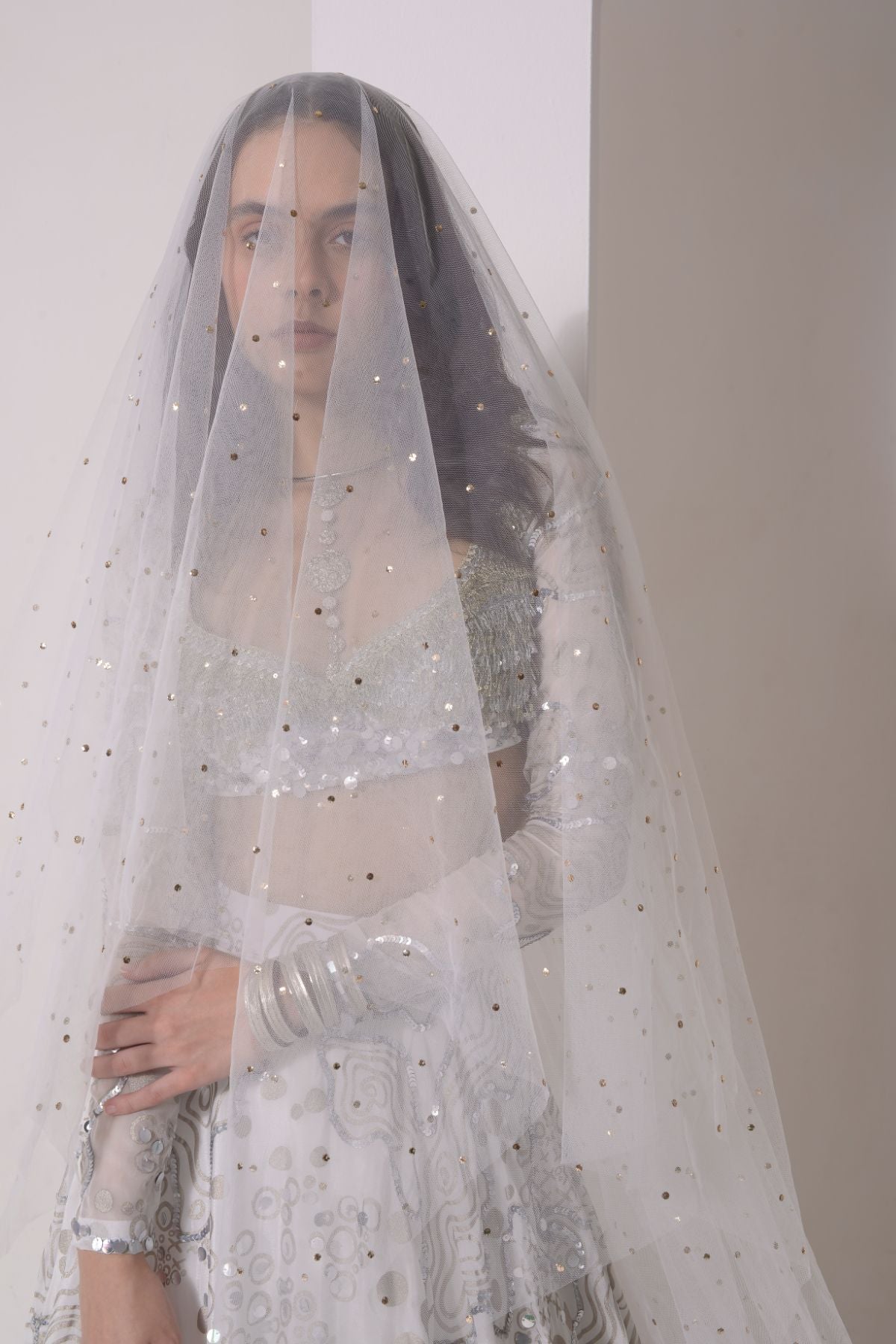 Foil twinkling lehenga with embroidered blouse and dupatta