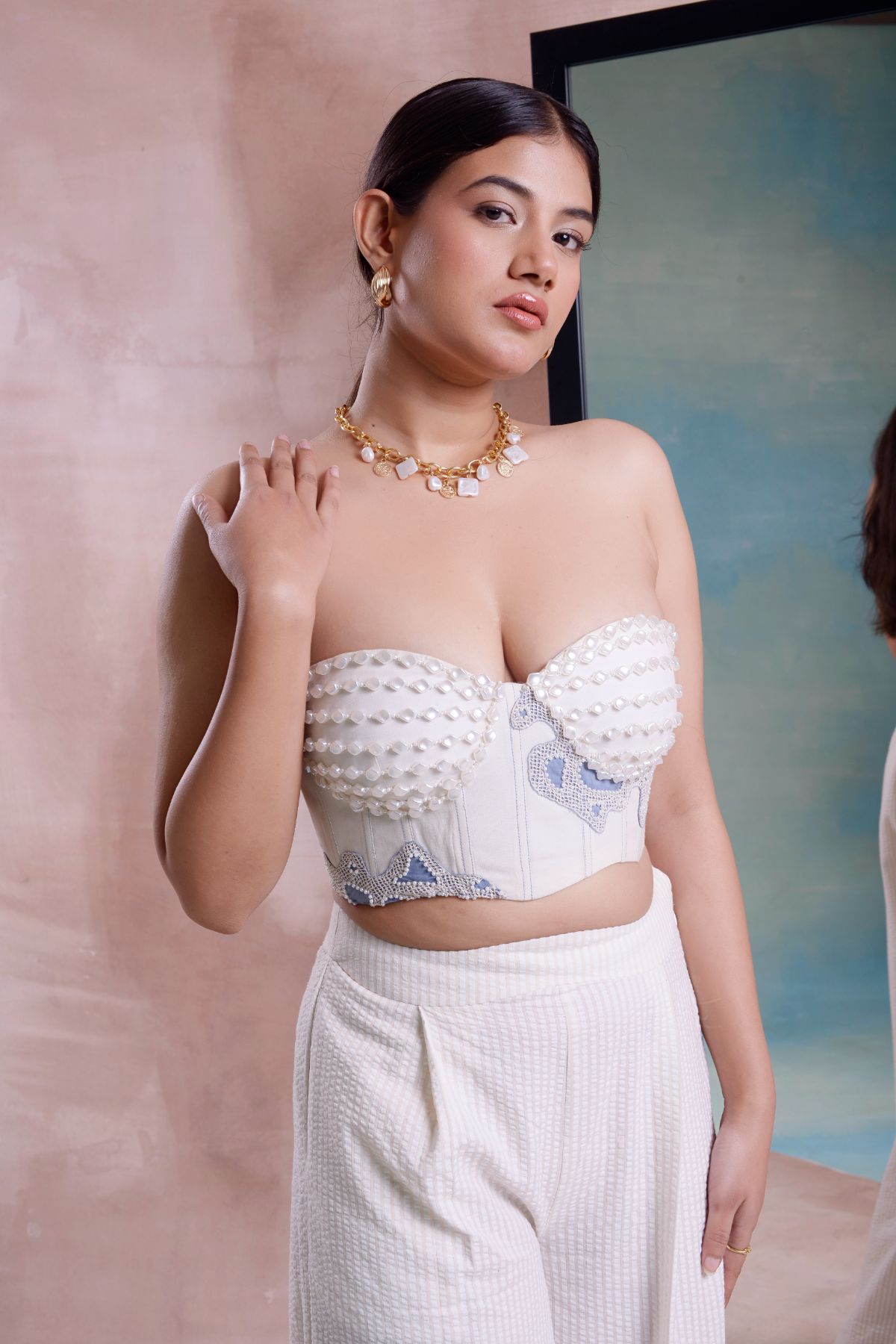 Patchwork Beaded Corset with Pleated Straight Pants