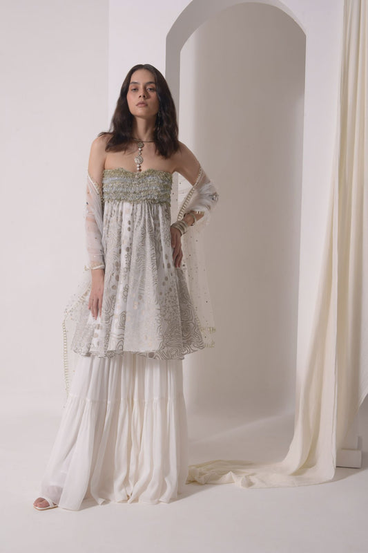 Foil tassel tunic with sharara and tulle dupatta