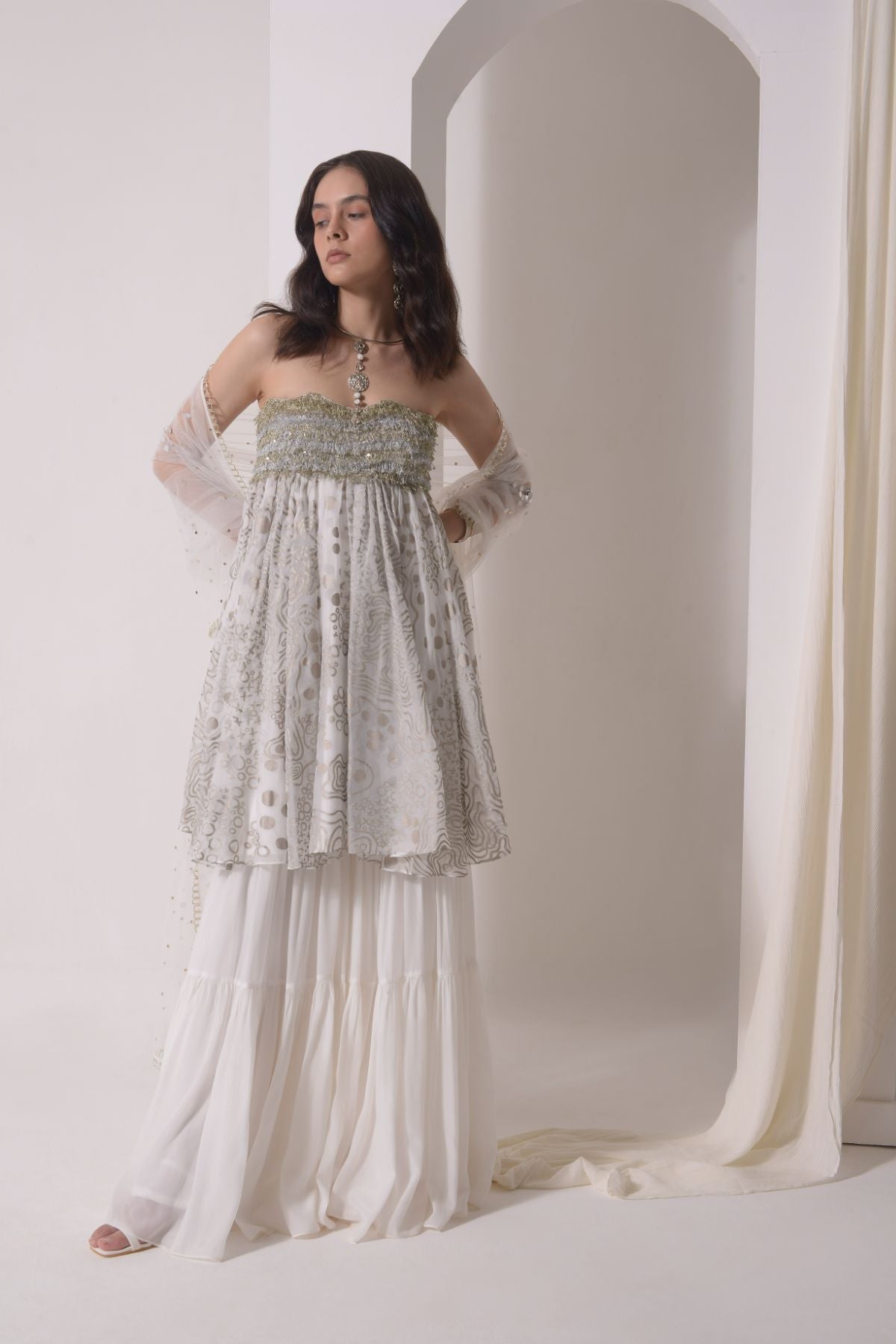 Foil tassel tunic with sharara and tulle dupatta
